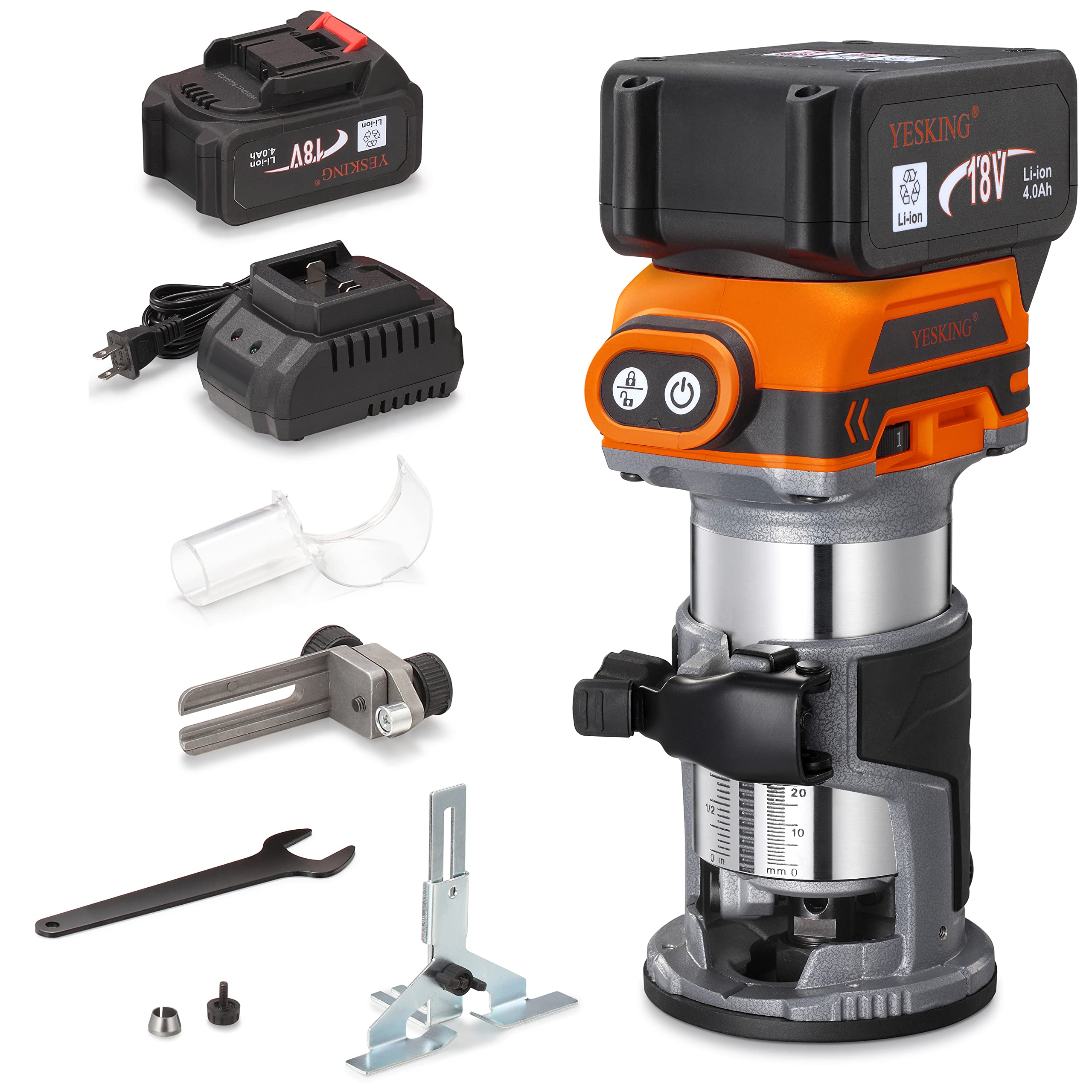 YESKING 18V Cordless Compact Router - Brushless Lithium-Ion Woodworking Tool Kit with Fixed Base, Battery & Charger - Perfect for DIY Projects, Furniture Making, and Home Renovations