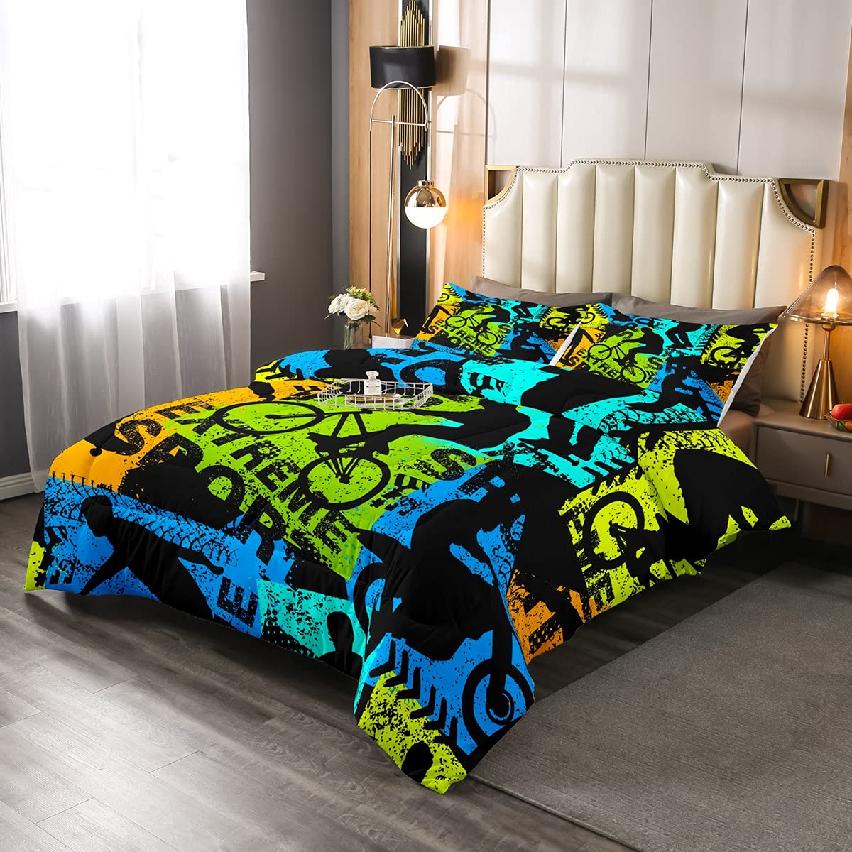 **Erosebridal Boys Dirt Bike Comforter Set - Twin Size Skateboard & Motorcycle Motocross Duvet Cover - Extreme Sports & Hip Hop Colorful Bedding for Kids, Teens & Adults - Perfect for Bedrooms, Dorm Rooms & Gaming Spaces**