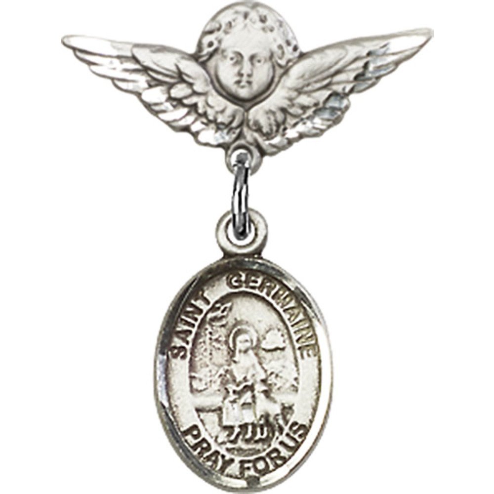 St. Germaine Cousin Sterling Silver Baby Badge with Angel Wing Charm - 7/8