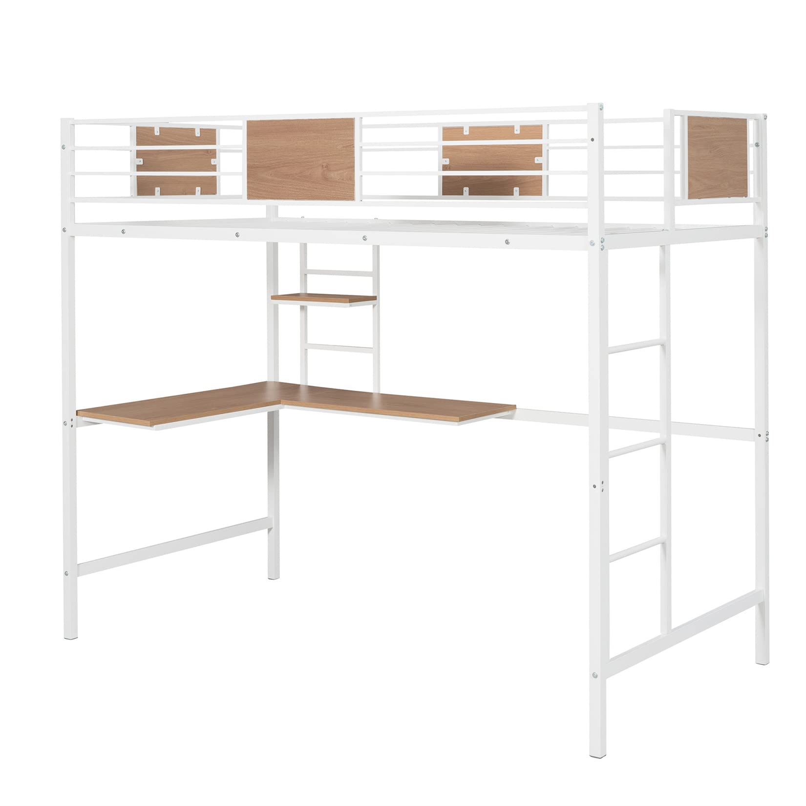 **White Twin Loft Bed with Desk & Bookcase - Metal Frame Kids Bunk Bed with Ladder & Safety Guard Rail - Perfect for Small Bedrooms, Dorms, or Shared Kids' Rooms**