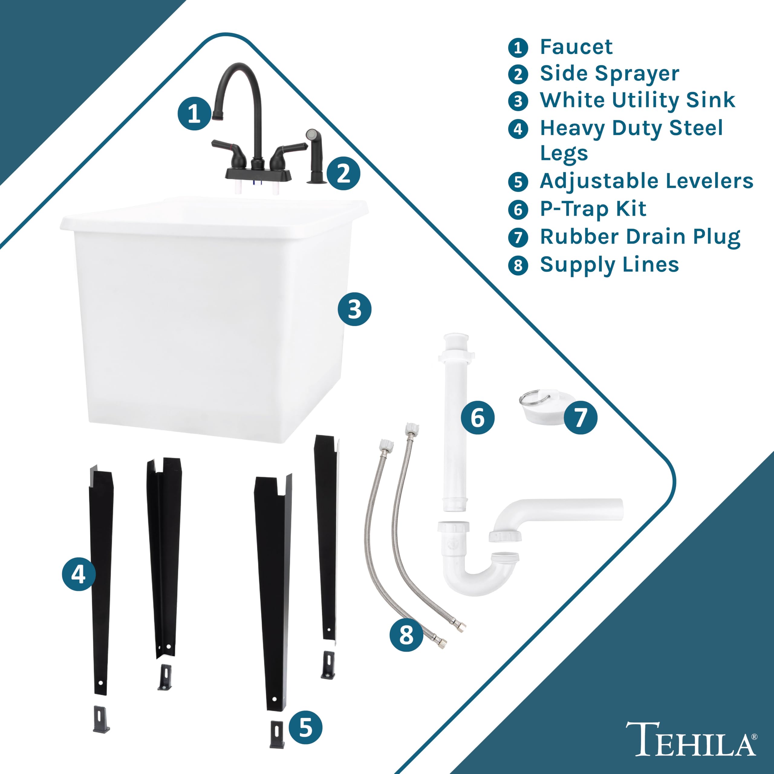 JS Jackson Supplies Space Saver Utility Sink with Gooseneck Faucet & Side Sprayer - White Tub & Black Faucet for Laundry Room, Garage, or Workshop | Compact Design for Small Spaces