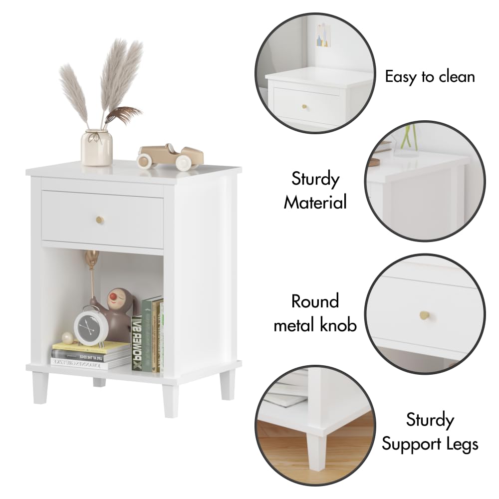 Modern Kids Nightstand with Drawer & Open Shelf - Wooden Toddler Bedside Table for Boys & Girls - White Nursery & Bedroom Storage Furniture - Perfect for Bedrooms, Playrooms & Kids' Rooms