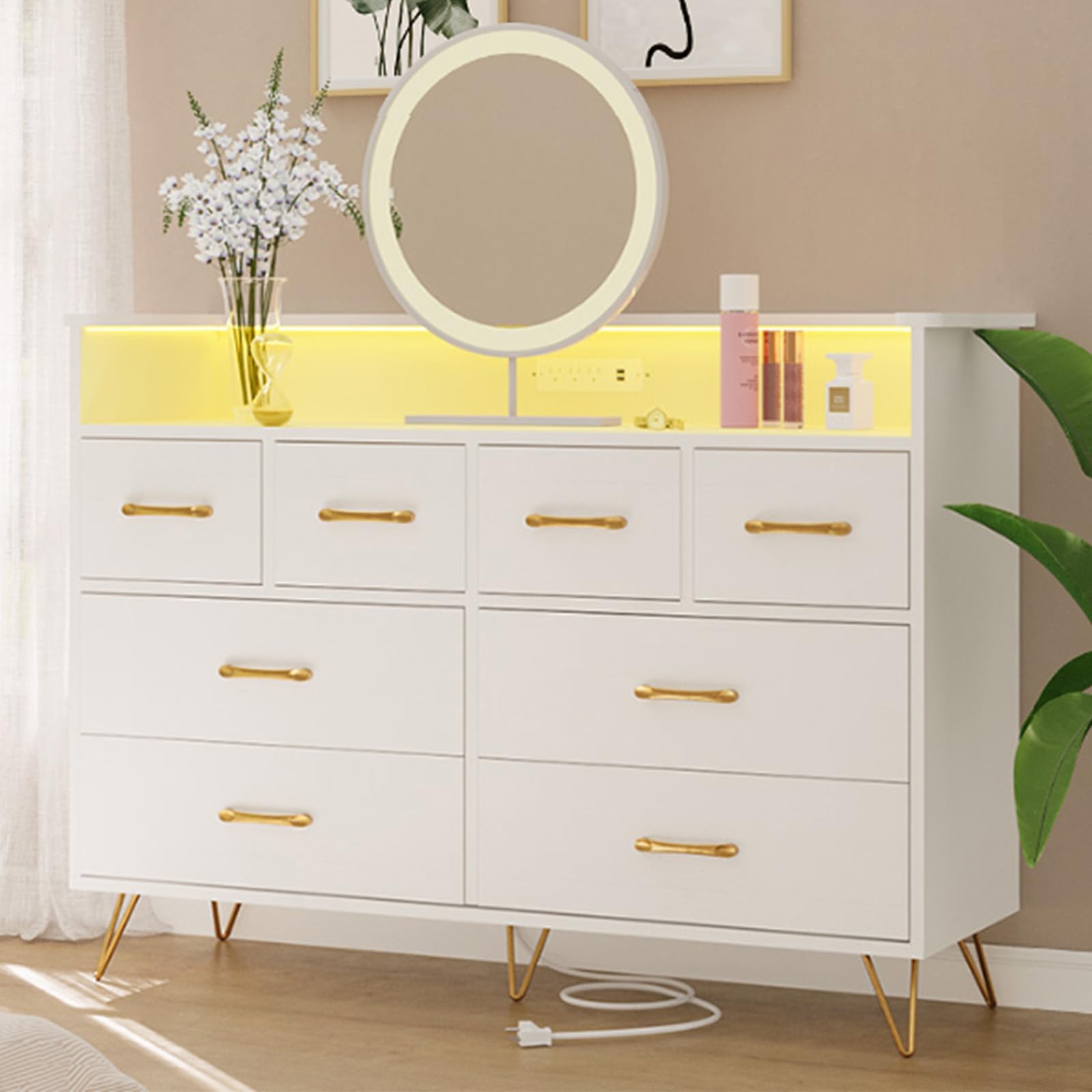Modern White Wooden Dresser with LED Lights & USB Charging Station - 8-Drawer Storage Organizer for Bedroom, Living Room, Entryway & Hallway - Spacious Open Design for Clothes, Shoes & Home Decor Organization