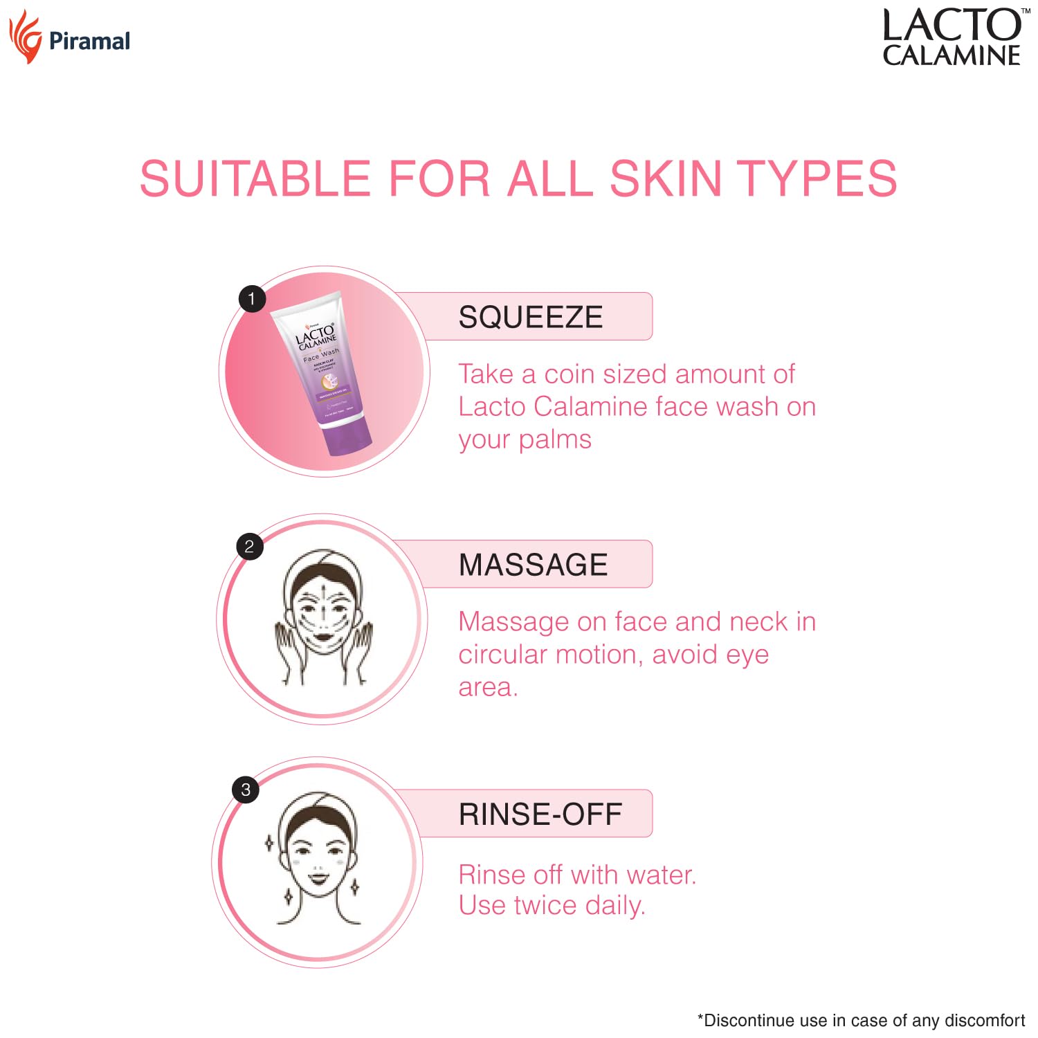 Lacto Calamine Face Wash for Oily Skin - 100ml with Kaolin Clay, Niacinamide & Vitamin E | Reduces Excess Oil, Controls Acne, Blackheads & Whiteheads | Gentle Cleanser for Men & Women | Perfect for Daily Skincare & Acne-Prone Skin