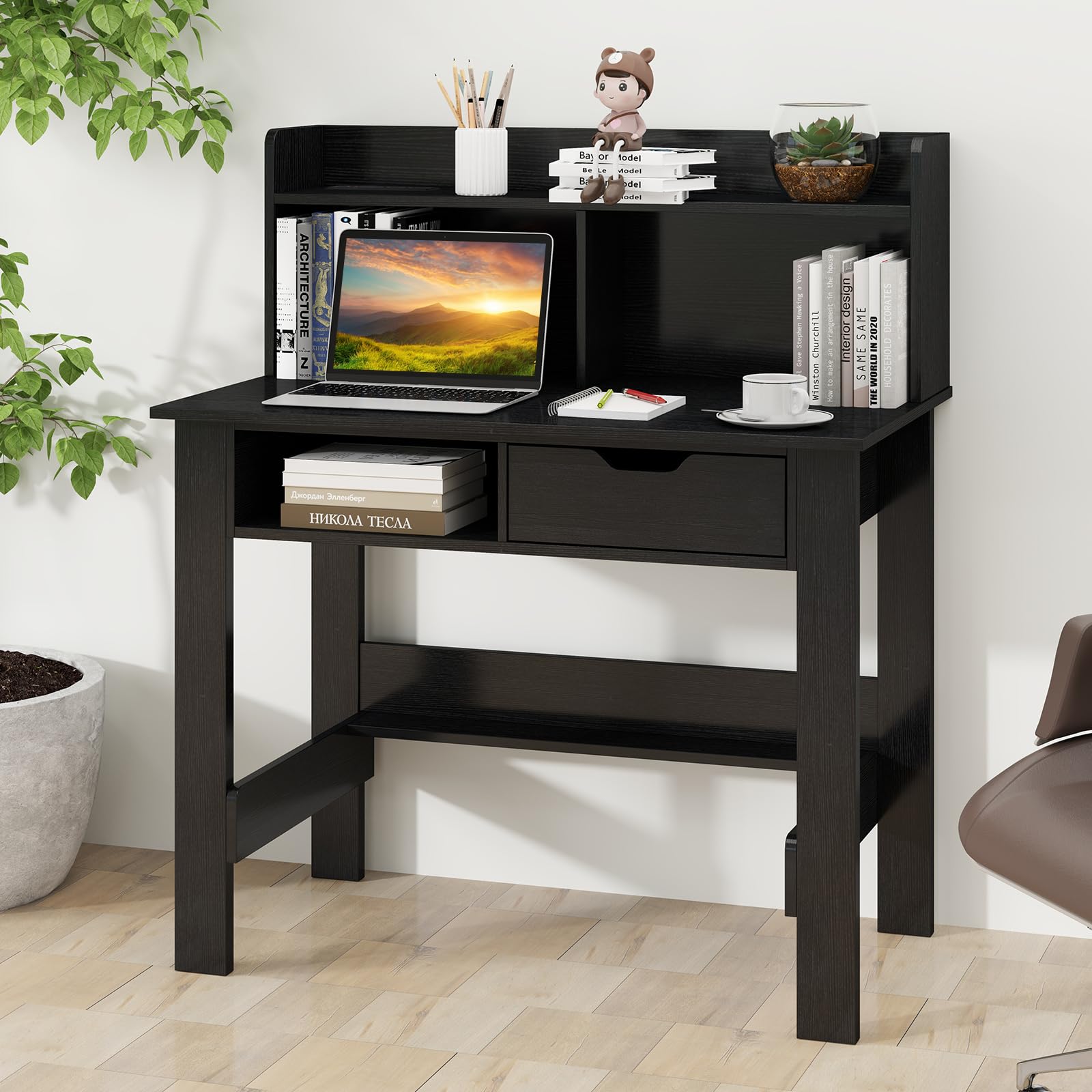 Tangkula Modern Computer Desk with Drawer & Hutch - Home Office Writing Desk with Charging Station & Storage Shelves, Space-Saving Workstation for Study, Work & Makeup Vanity | Perfect for Small Spaces, Home Office & Dorm Rooms