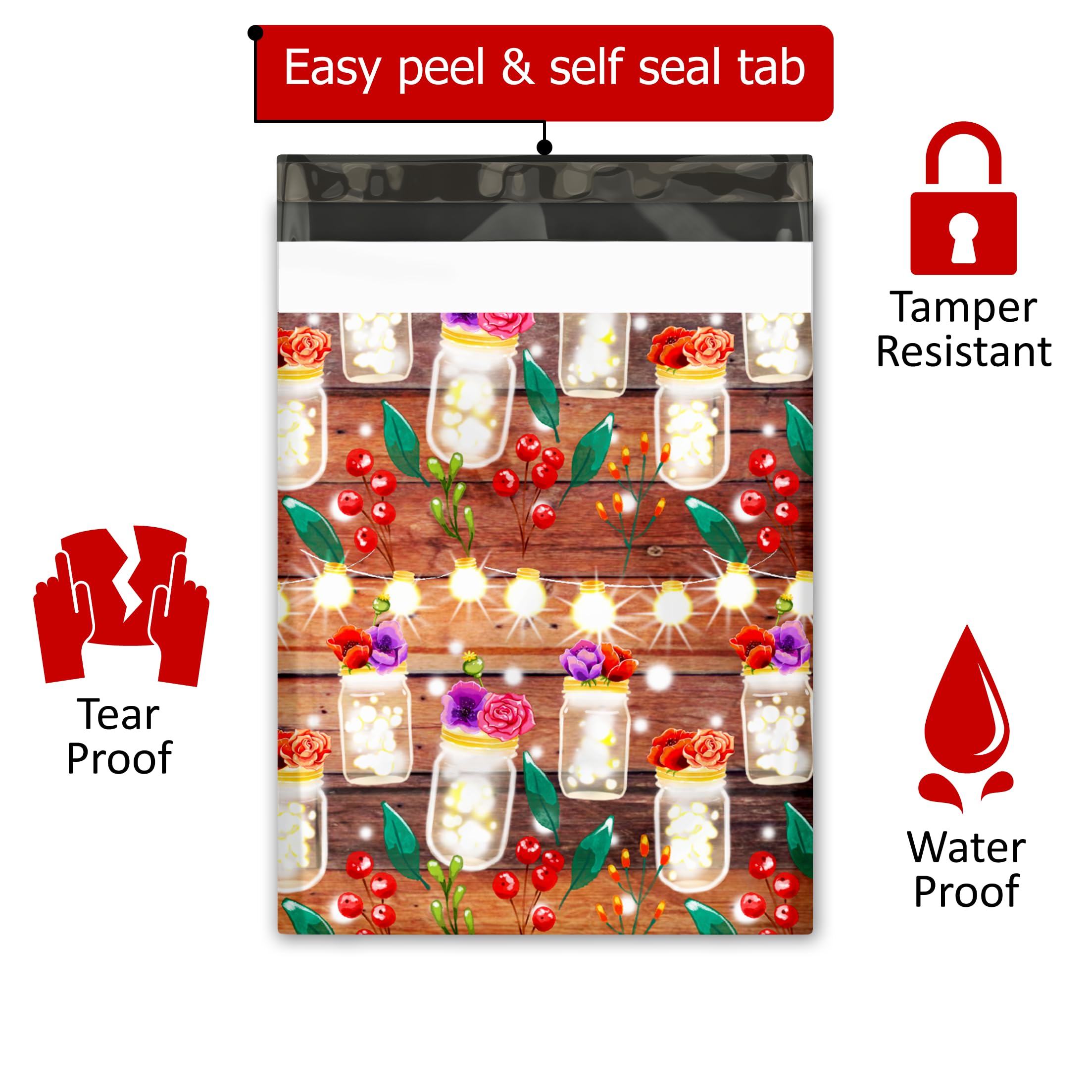 100 Pack 10x13 Rustic Mason Jars Fall Design Poly Mailers - Waterproof Self-Sealing Tear-Resistant Shipping Envelopes | Premium Printed Polymailer Bags for Small Business | Perfect for Etsy Sellers, Handmade Crafts & Seasonal Packaging