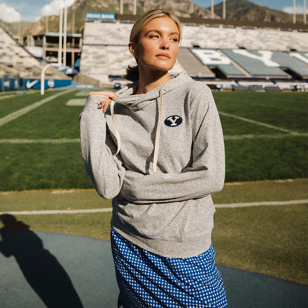 BYU Travel Hoodie for Men & Women - Soft Heather Grey Pullover Sweatshirt - Perfect for College, Campus, and Outdoor Adventures