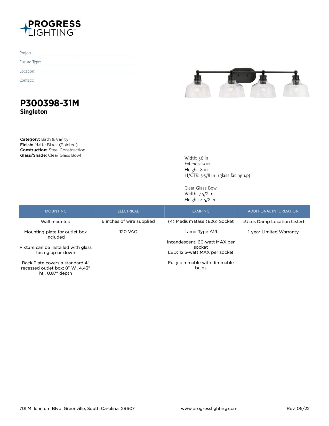Progress Lighting P300398-31M Singleton Collection 4-Light Bathroom Vanity Light Fixture in Matte Black - Perfect for Modern Bathrooms, Powder Rooms & Dressing Areas