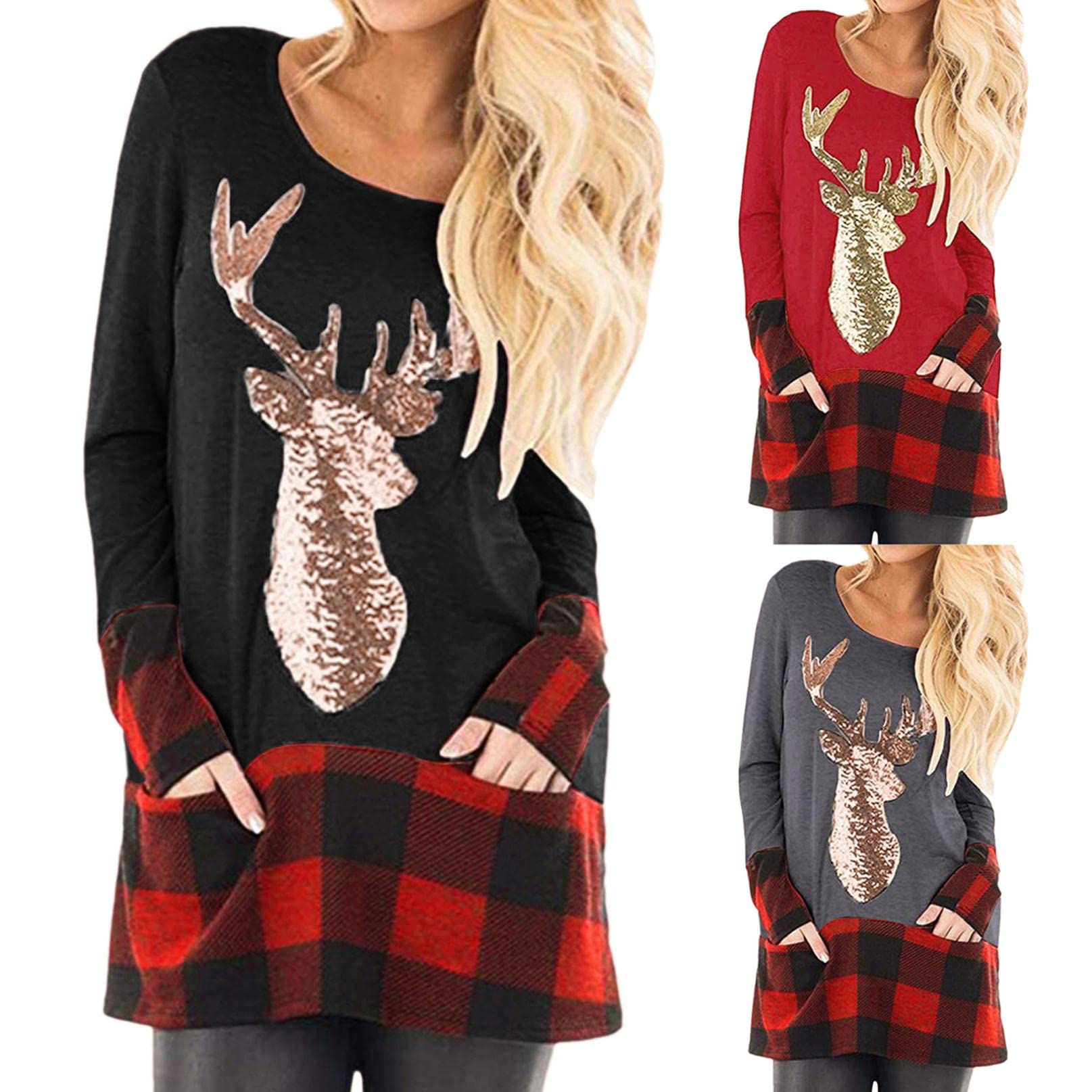 Women's Christmas Plaid Long Sleeve Tunic Blouse - Cute Print Pocket Round Neck Casual Top for Holiday Parties & Family Gatherings