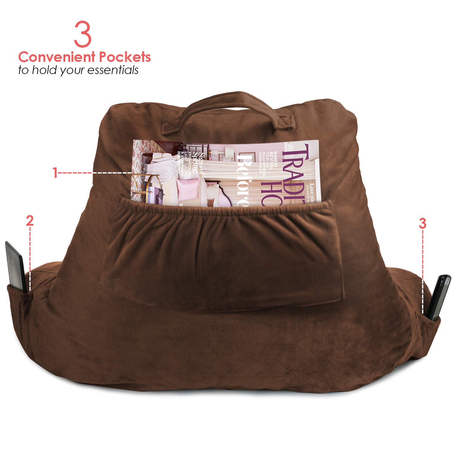 Clara Clark Kids Reading Pillow with Memory Foam Support - Small Backrest for Sitting in Bed, Gaming & Reading - Chocolate Brown Pillow with Arms & Pockets - Perfect for Bedtime Stories, Gaming & Relaxation