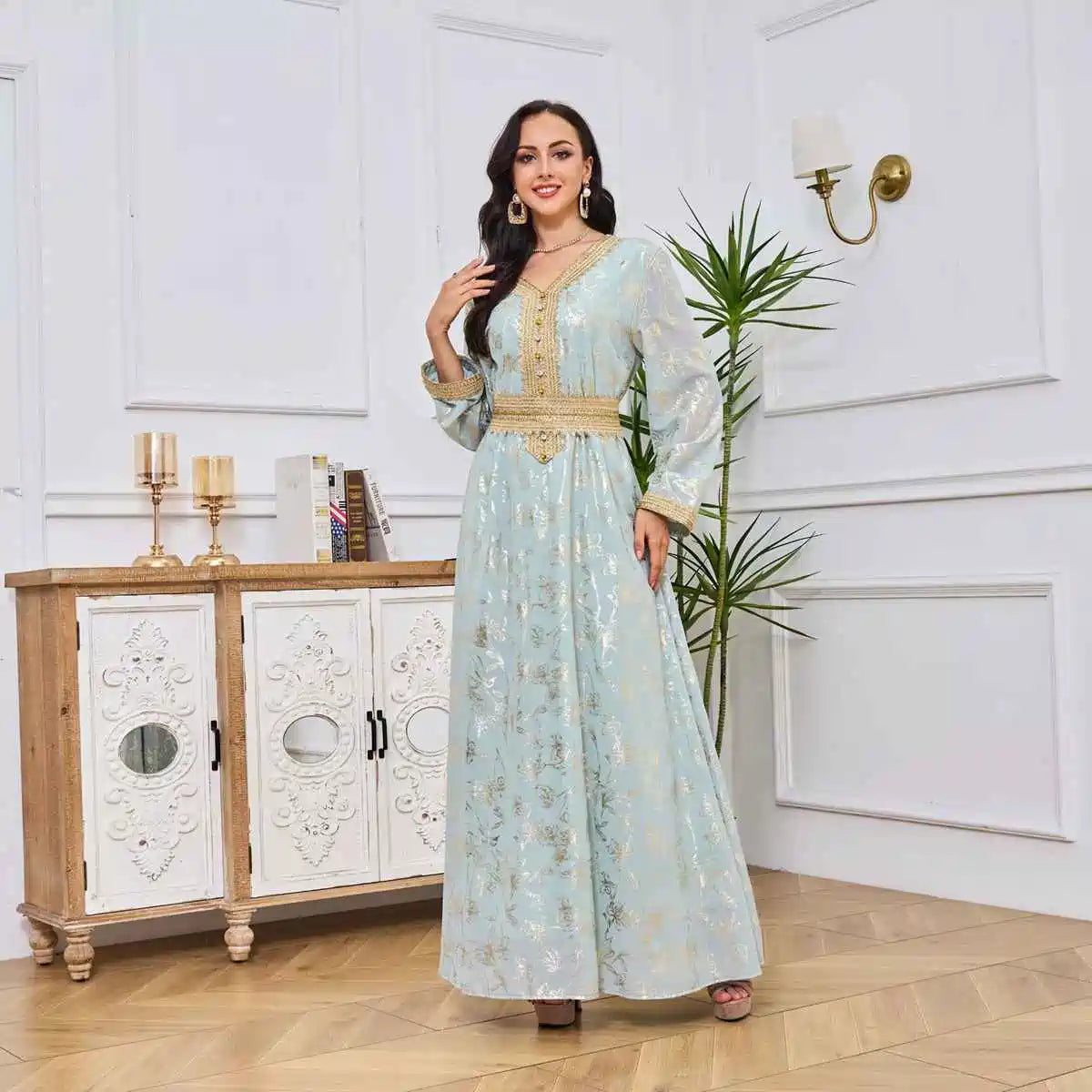 Elegant Eid Bronzing Dress Caftan for Women - Flowy Long Kaftan #25030 | Perfect for Eid Celebrations, Weddings & Special Occasions