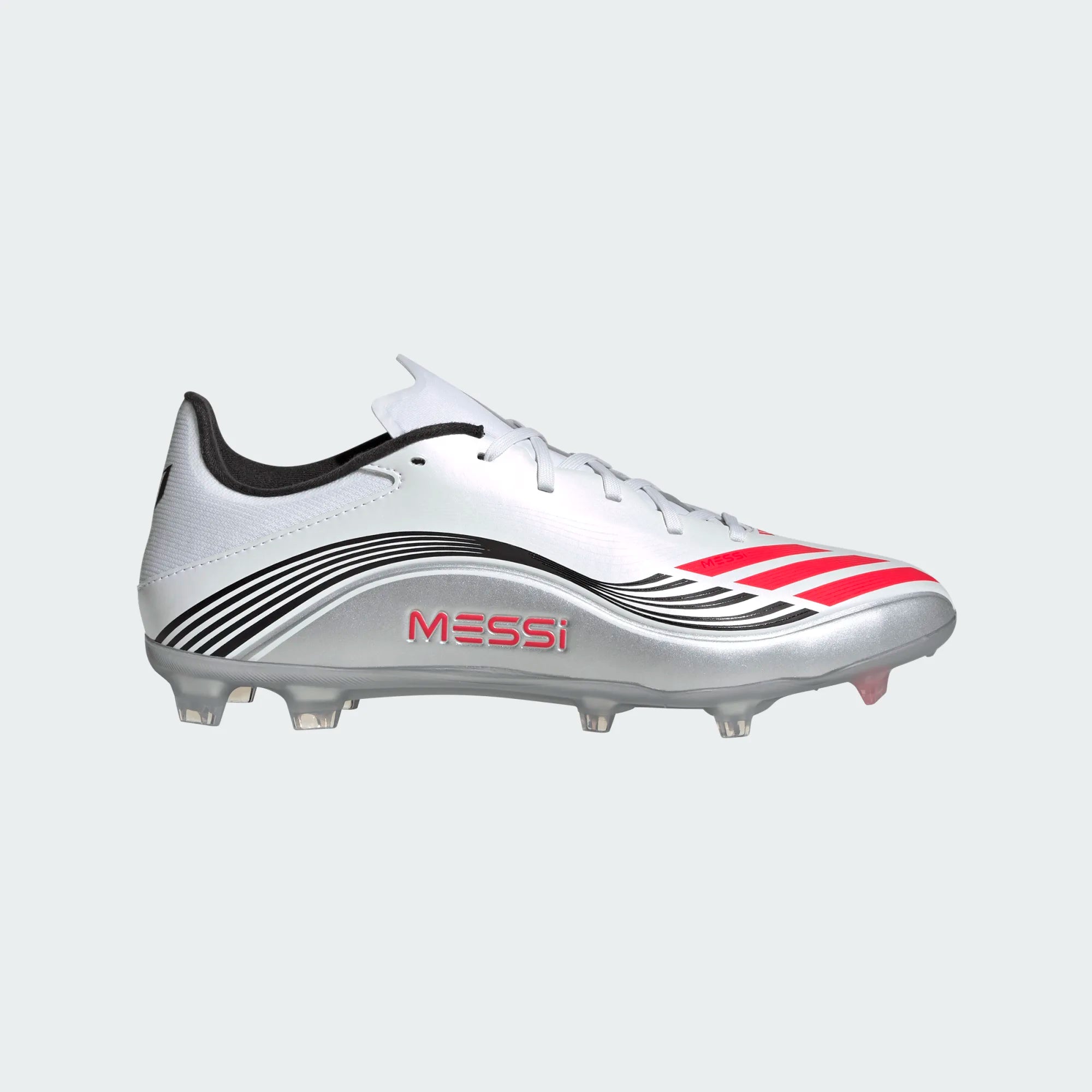 adidas F50 Messi League FG/MG Soccer Cleats - White/Lucid Red/Silver Metallic | Lightweight Football Shoes for Men | Perfect for Turf & Artificial Grass Fields