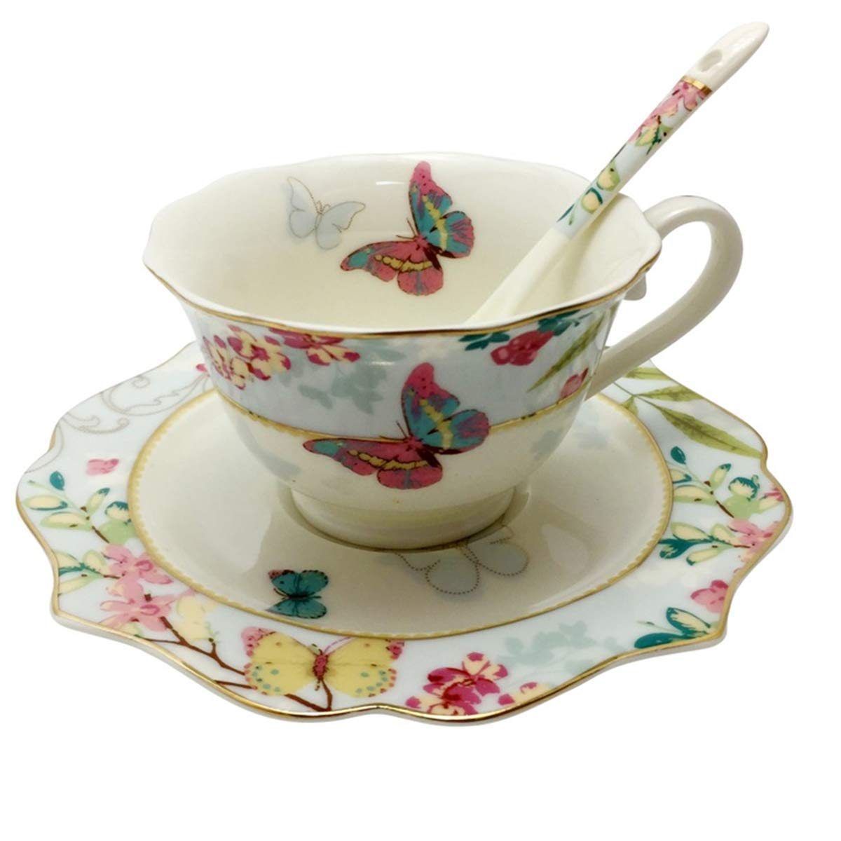 Vintage Ceramic Teacup Set - Elegant Royal Bone China Coffee Cup with Spoon & Saucer - Blue Floral Tea Set for Afternoon Tea, Bridal Shower & Home Decor