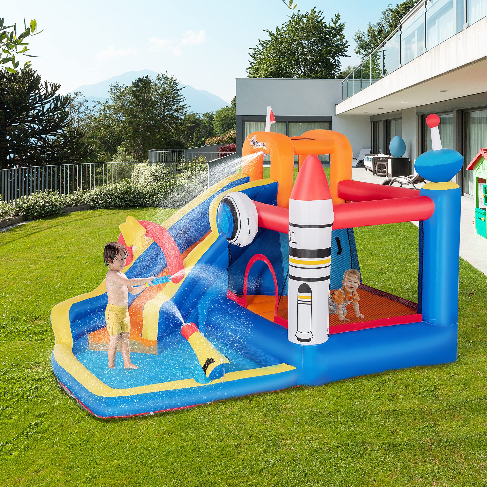 Outsunny 5-in-1 Inflatable Bounce House with Water Slide, Pool, Water Cannon & Climbing Wall - Kids Outdoor Water Play Toy for Backyard, Birthday Parties & Summer Fun - Includes Air Pump (Jumping Castle)