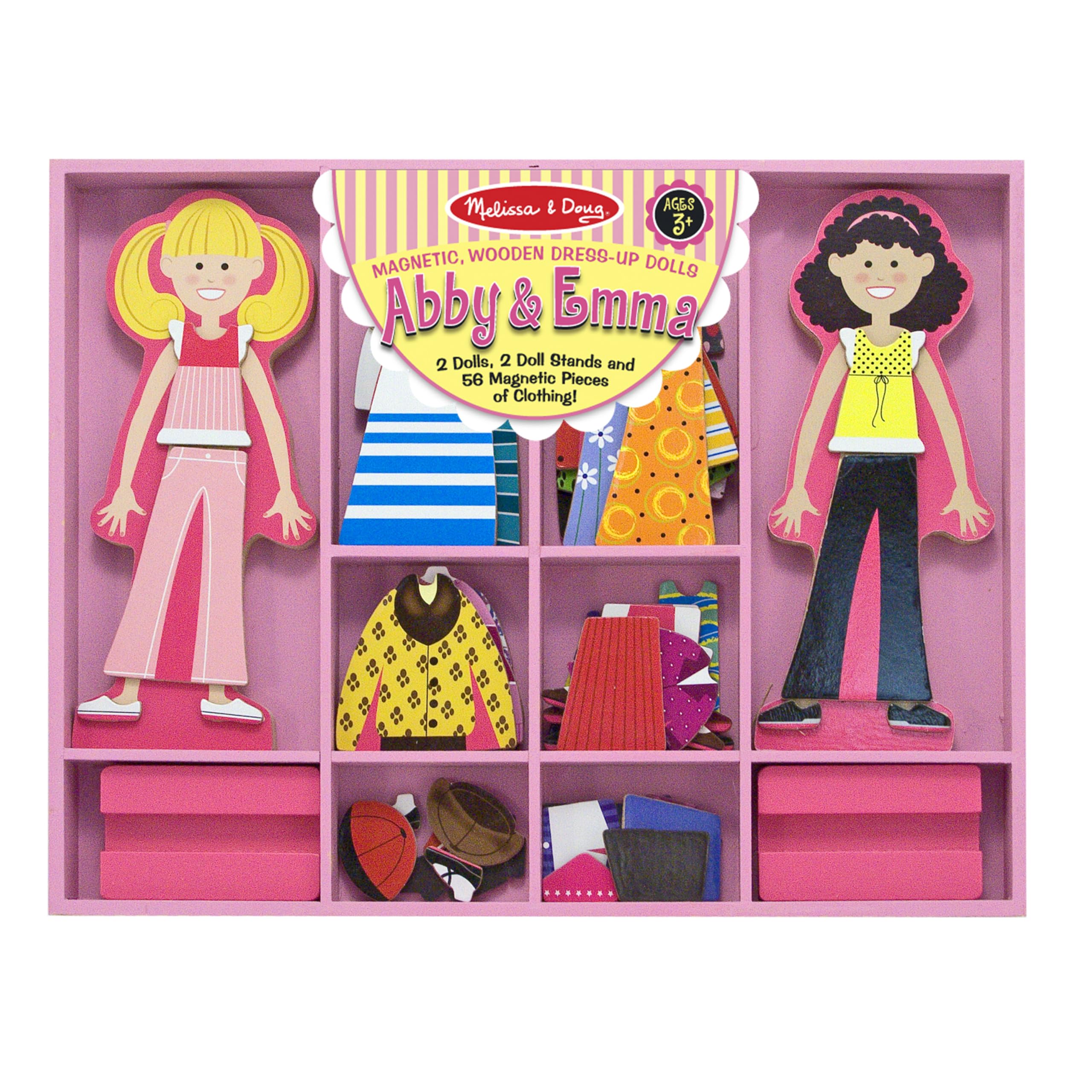 Melissa & Doug Abby and Emma Deluxe Magnetic Wooden Dress-Up Dolls Play Set - 55+ Pieces Magnetic Paper Dolls for Kids Ages 3+ | Pretend Play, Travel Toys, Birthday Gifts for Girls