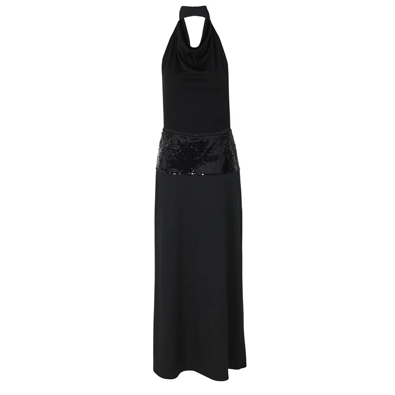 Elegant Black Halter Backless Glitter Maxi Dress for Women - High Waist Sleeveless Long Gown for Evening Party, Prom, Wedding Guest & Special Occasions
