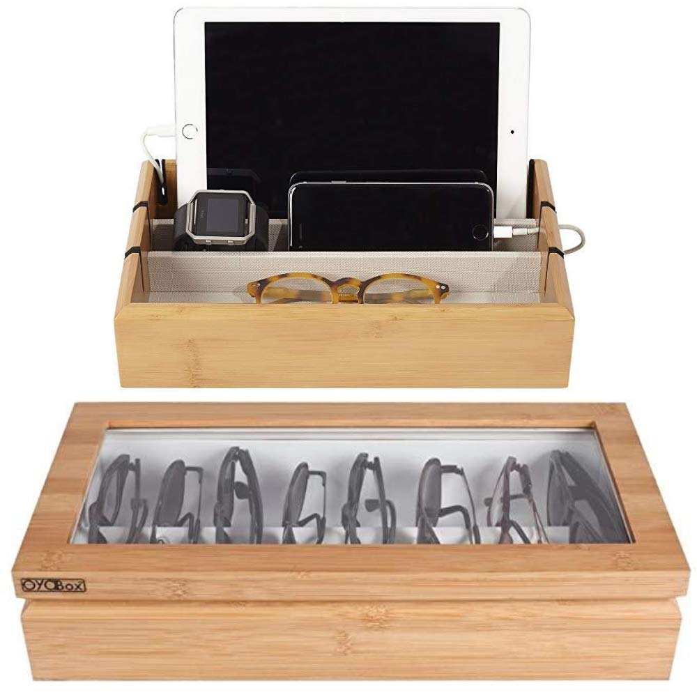 Premium Bamboo Wood Eyeglass & Sunglasses Organizer with Tech Tray - Luxury Lacquered Wood Storage Box for Glasses, Smartphones & Watches | Perfect for Home, Office & Travel Organization