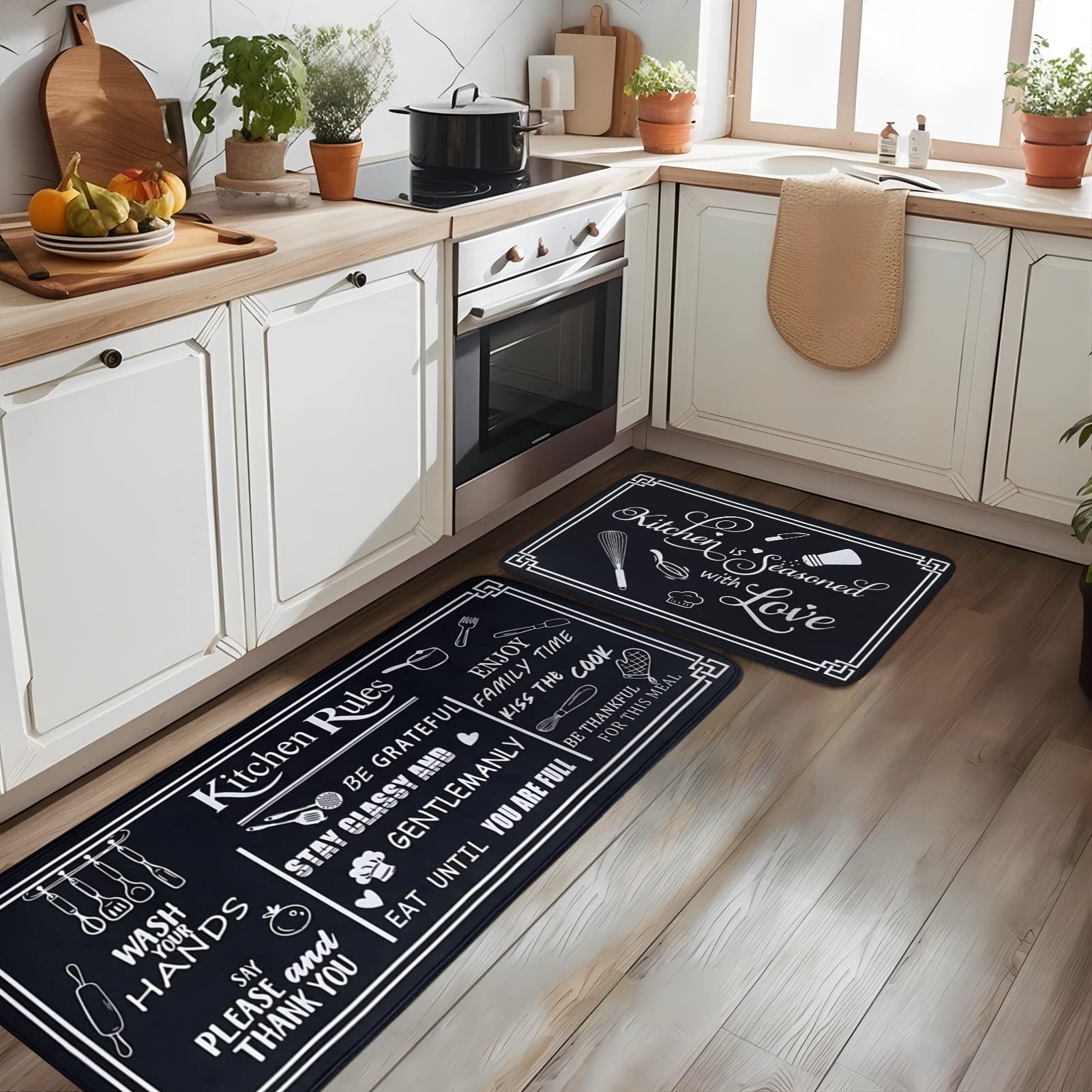 Non-Slip Washable Microfiber Kitchen Rugs Set of 2 - Black & White Kitchen Rules Themed Floor Mats (17