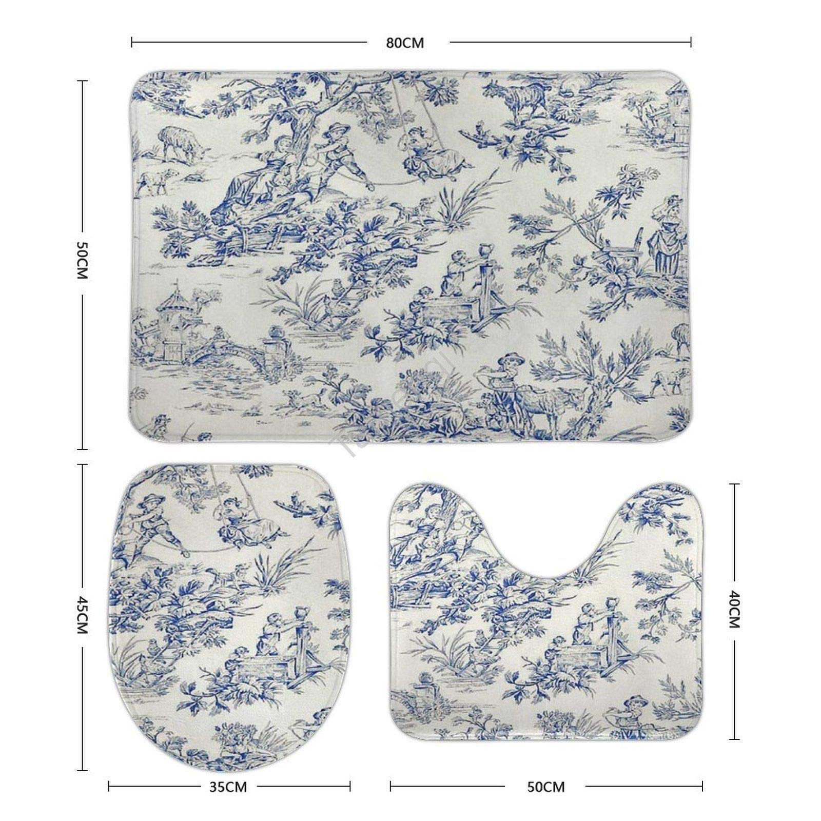 Tamengi Non-Slip Bath Mats Set of 3 - Soft French Toile Design Bathroom Rugs, 20x32 Inches, Blue - Includes Toilet Lid Cover & Floor Mat - Perfect for Bathroom, Shower & Vanity Areas