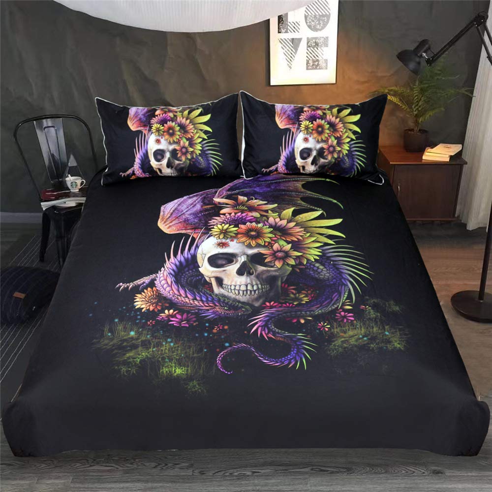 3D Halloween Sugar Skull Comforter Cover Set - Twin Size Floral Print Bedding with 1 Pillow Sham | Black Microfiber Polyester Duvet Cover | Lightweight Quilt Set for Spooky Bedroom Decor (2-Piece) - Perfect for Halloween Parties, Dorm Rooms & Gothic Home Decor