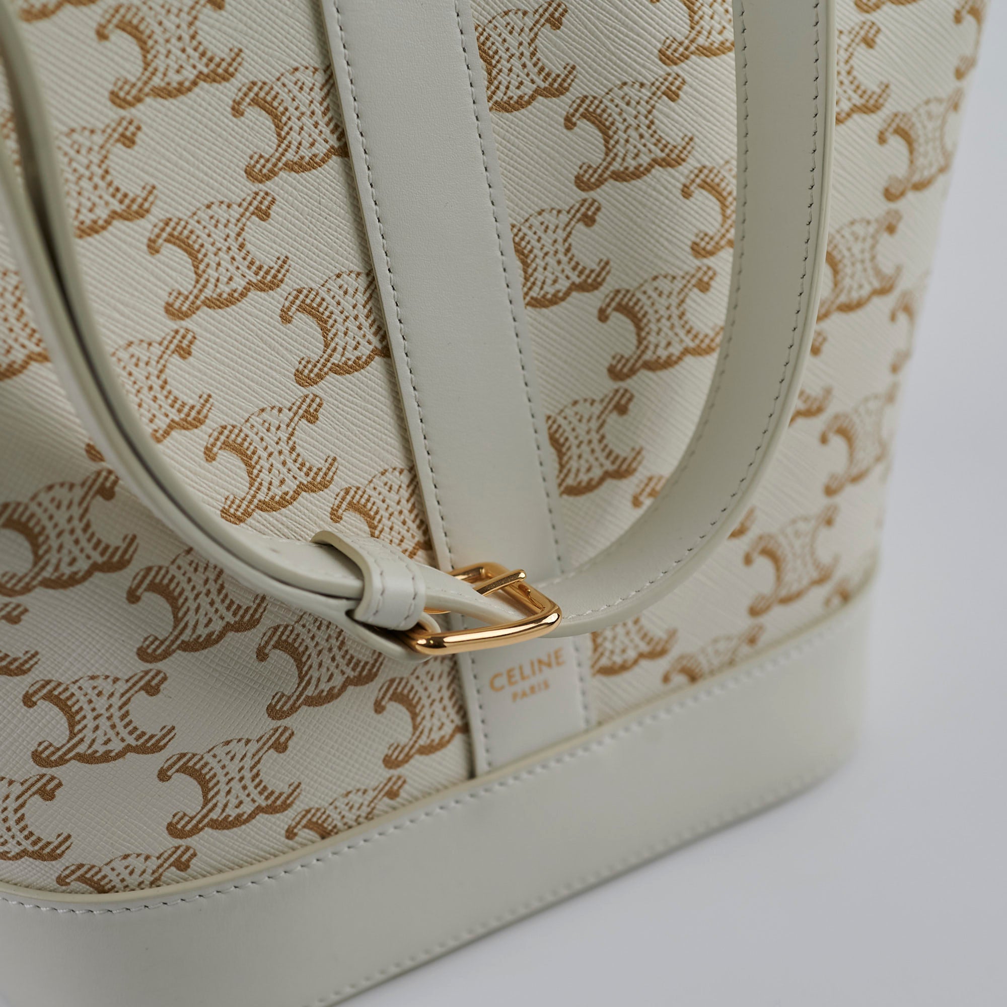 Celine Small Bucket Triomphe White Leather Shoulder Bag for Women | Luxury Designer Handbag for Everyday Use, Work & Travel