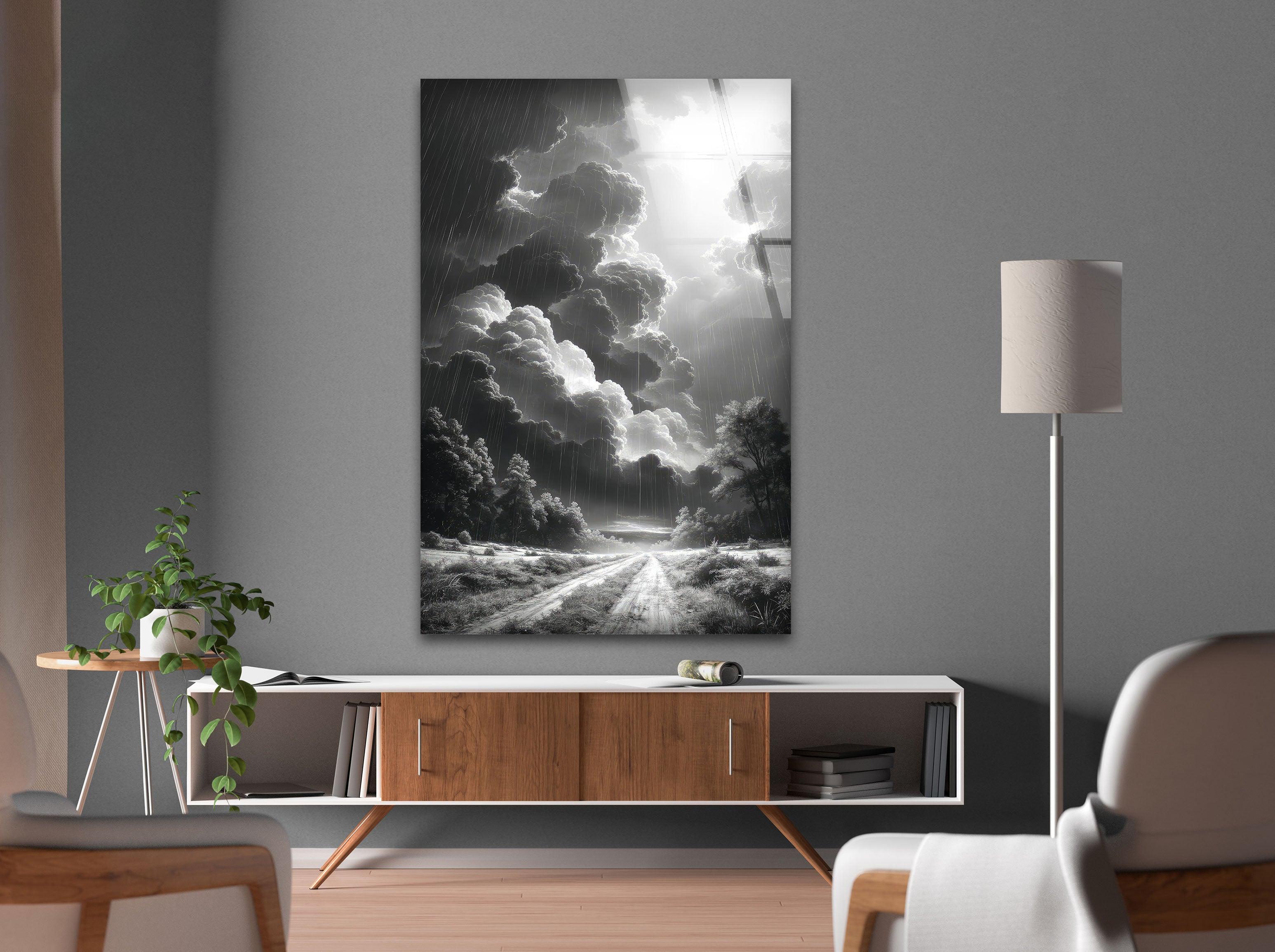 Black and White Storm Glass Wall Art - Dramatic Rainy Landscape Painting for Home & Office Decor - Perfect for Living Room, Bedroom, or Office Wall Decor