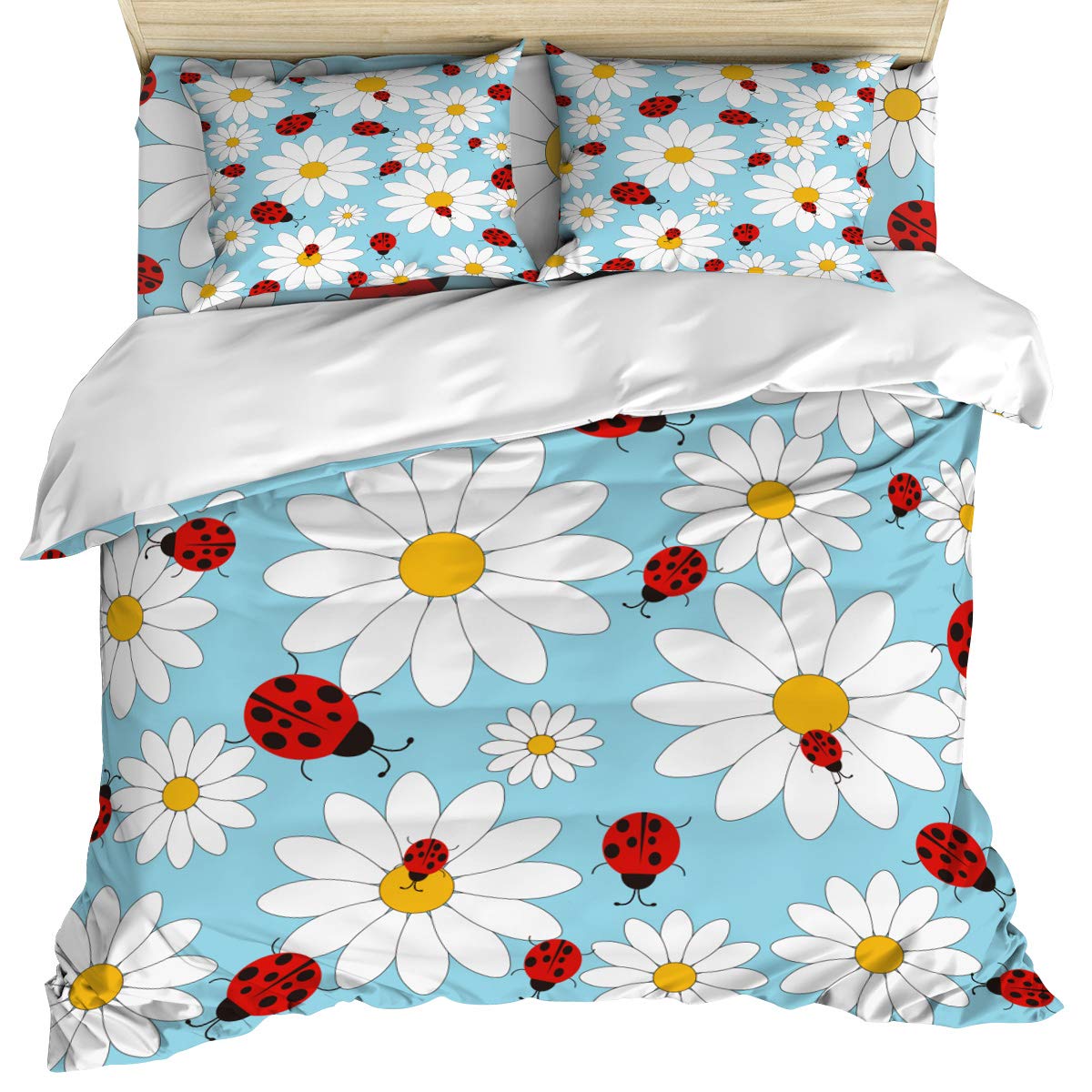 Premium 4-Piece Queen Size Bedding Set - Ladybug & Daisy Floral Print Duvet Cover, Fitted Sheet, Pillowcases - Soft Microfiber Comforter Set for Kids, Teens & Adults (Pink/White) - Perfect for Nursery, Dorm Room or Cozy Bedroom Decor