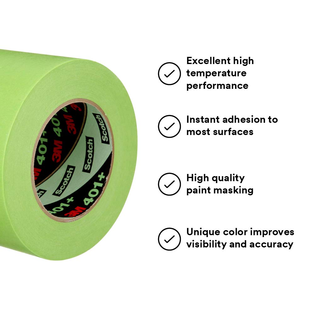 3M 401+ High Performance Masking Tape, Green, 288mm x 55m - Strong Adhesive for Automotive Painting, Industrial Use & DIY Projects | 4 Pack | Perfect for Car Detailing, Wall Protection & Crafting