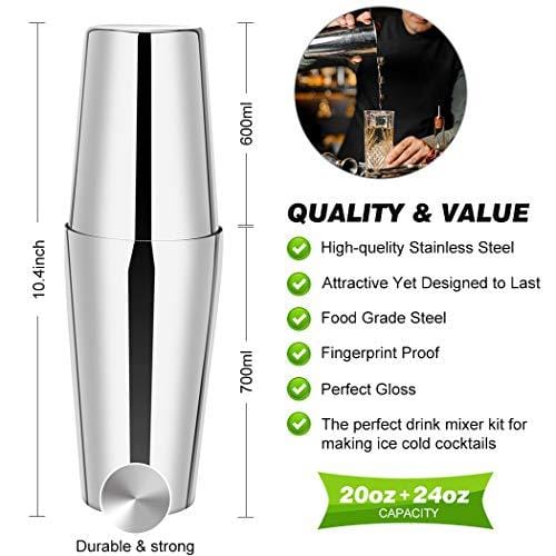 Professional 23-Piece Stainless Steel Cocktail Shaker Set with Acrylic Stand & Recipe Book - Boston Bartender Kit for Home Bars, Parties & Mixing Drinks (Includes 4 Whiskey Stones) - Perfect for Entertaining, Cocktail Making & Home Bartending