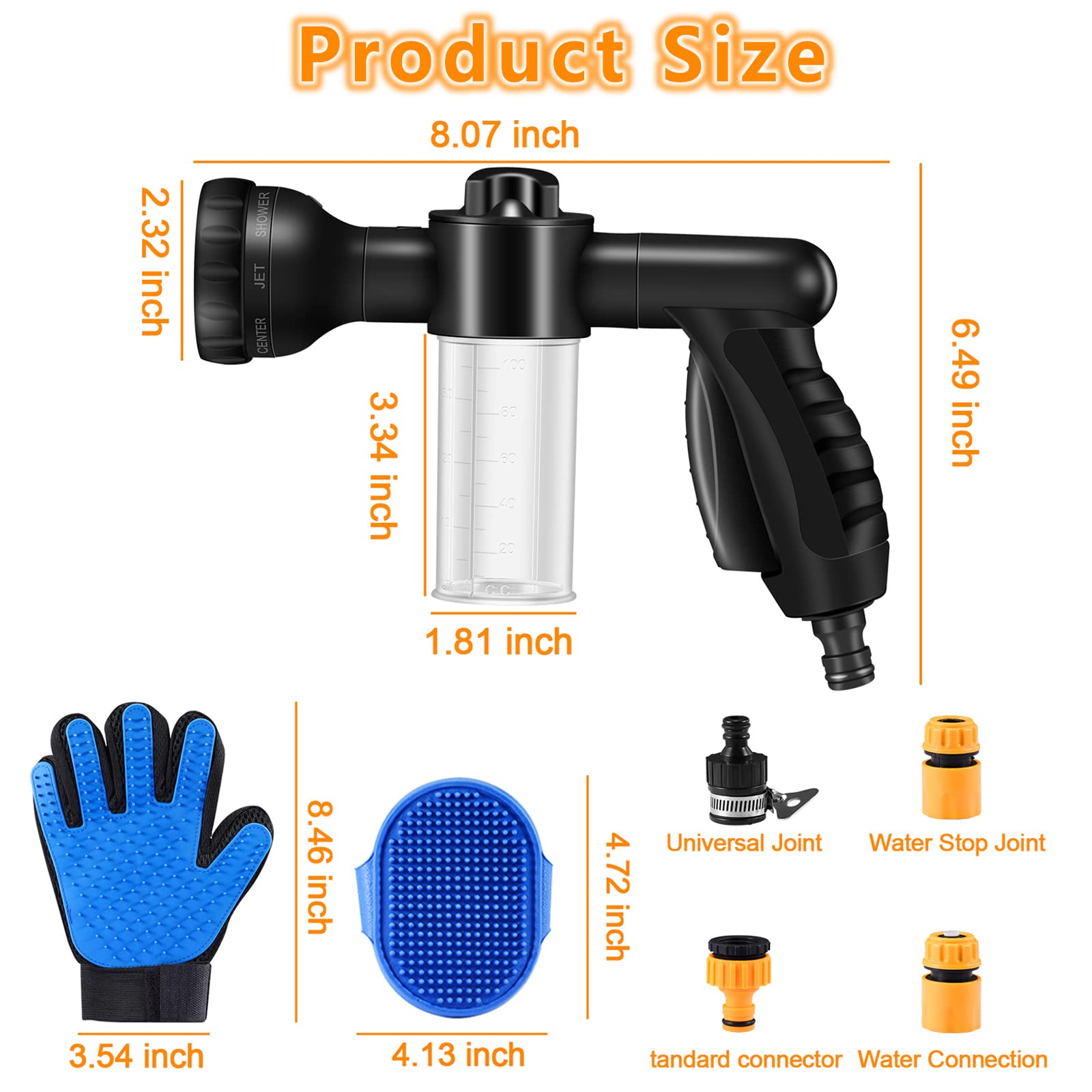 8-in-1 Pup Jet Dog Wash & Pet Bath Sprayer with Soap Dispenser - Dog Grooming Kit Includes Hose Nozzle Foamer, Pet Glove & Rubber Brush - Perfect for Bathing Dogs, Horses & Watering Plants/Lawns