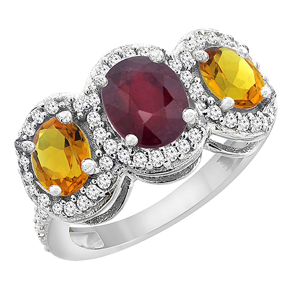 10K White Gold Natural Ruby & Citrine 3-Stone Mothers Ring with Oval Diamond Accent - Sizes 5-10 | Elegant Jewelry Gift for Mom, Birthday, Anniversary, Mother's Day | Perfect for Special Occasions & Everyday Wear