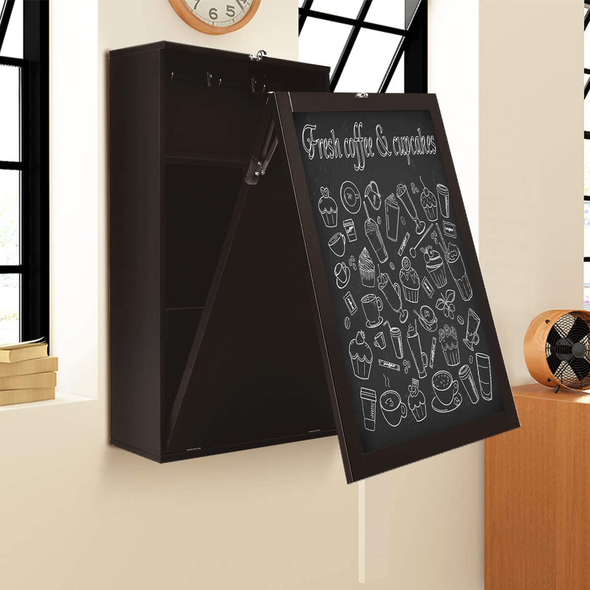 GRAFFY Wall Mounted Folding Desk with Chalkboard - Space Saving Floating Desk with Storage Shelves & Hooks, Multi-Functional Home Office Computer Desk & Laptop Workstation (Brown) - Perfect for Small Spaces, Apartments & Dorm Rooms