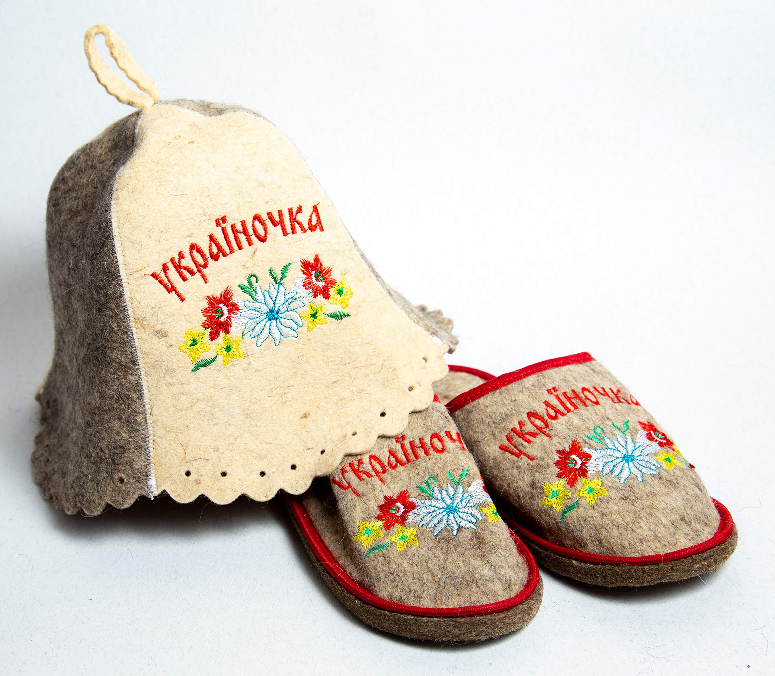 Russian Sauna Hat & Wool Slippers for Women - Cozy Felt Banya Accessories for Spa, Home Relaxation & Hotel Use - Ukrainian Style Thermal Slippers & Sauna Cap Set