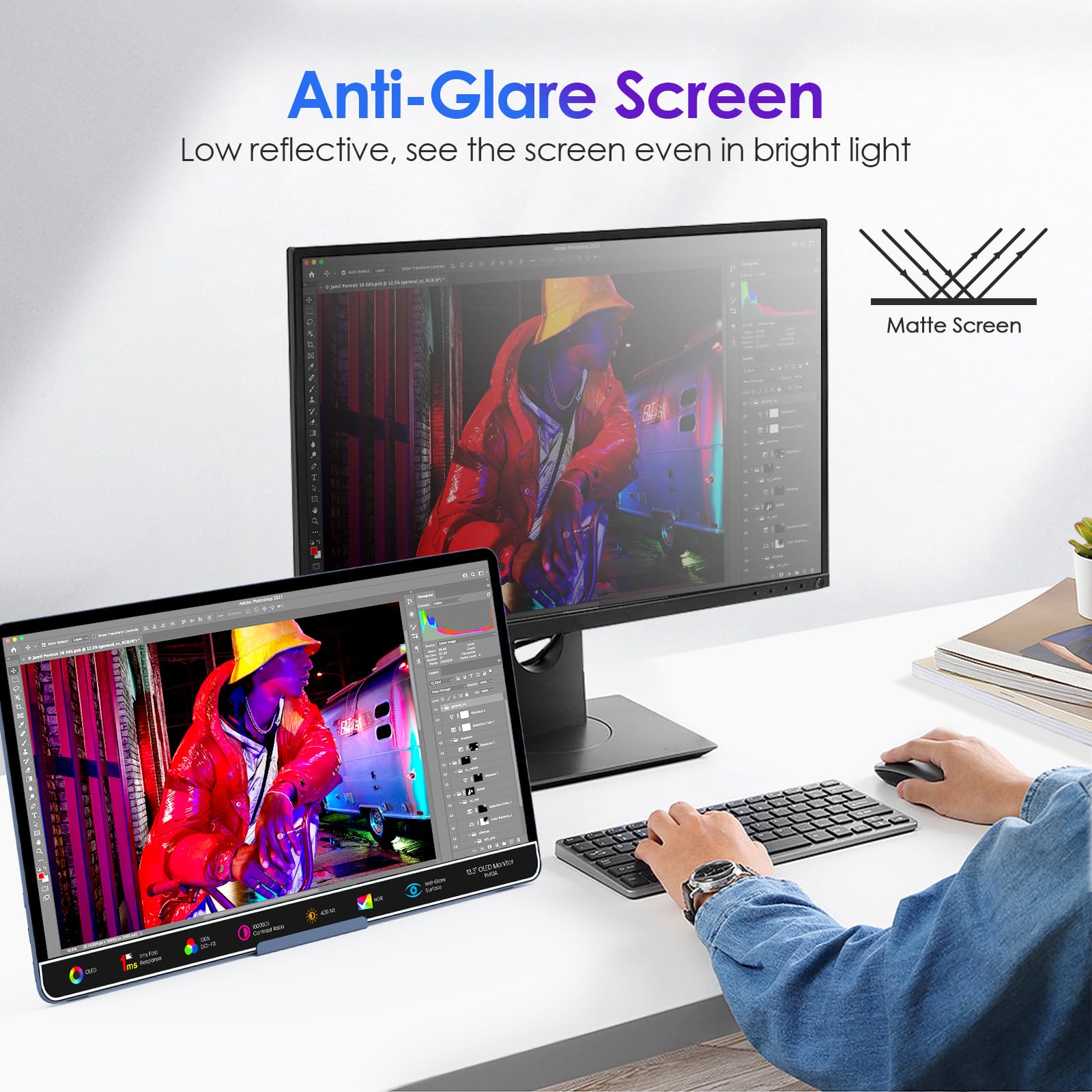 13.3inch OLED Portable Monitor for Laptop - Ultra Slim Anti-Glare 1080P FHD HDR USB-C HDMI External Display for Mac, PC, Phone, Switch, PS5, Xbox - Perfect for Gaming, Work & Travel