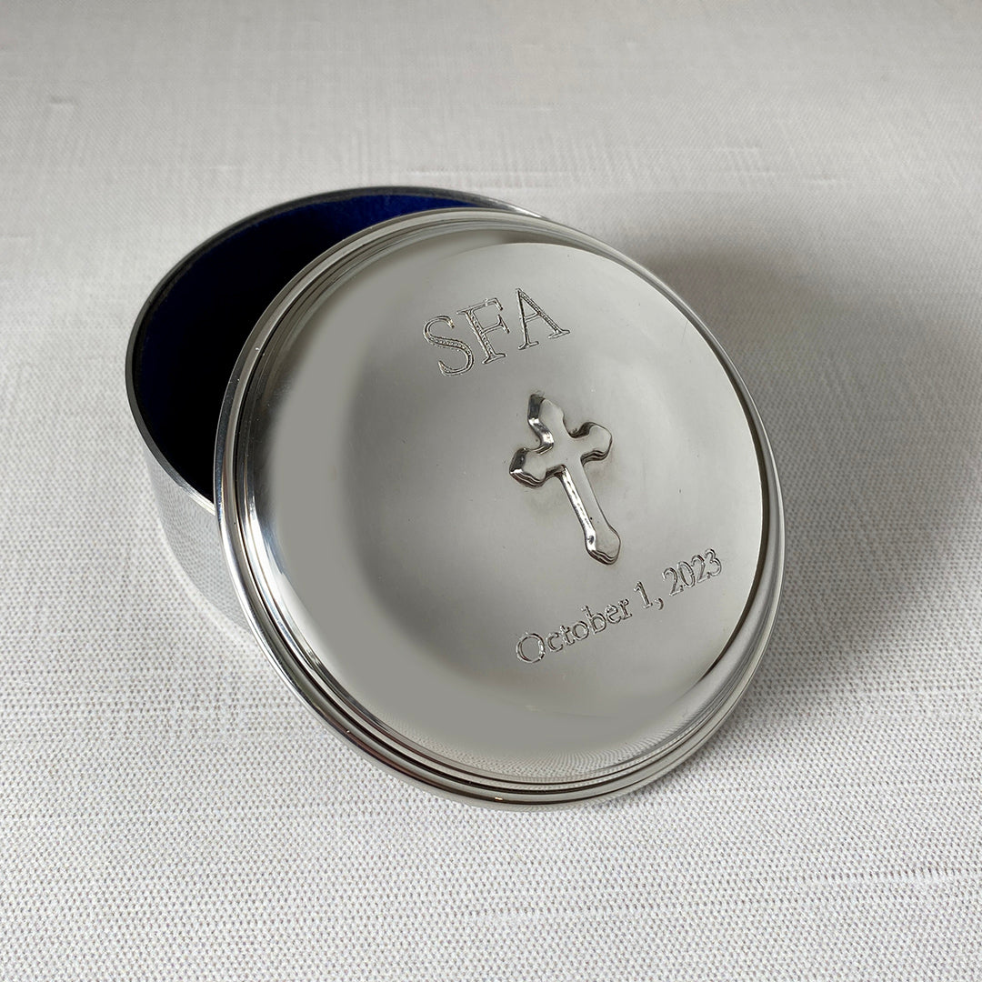 Elegant Pewter Round Cross Keepsake Box - Perfect for Jewelry Storage, Religious Gifts & Home Decor - Ideal for Baptism, Confirmation & Wedding Keepsakes