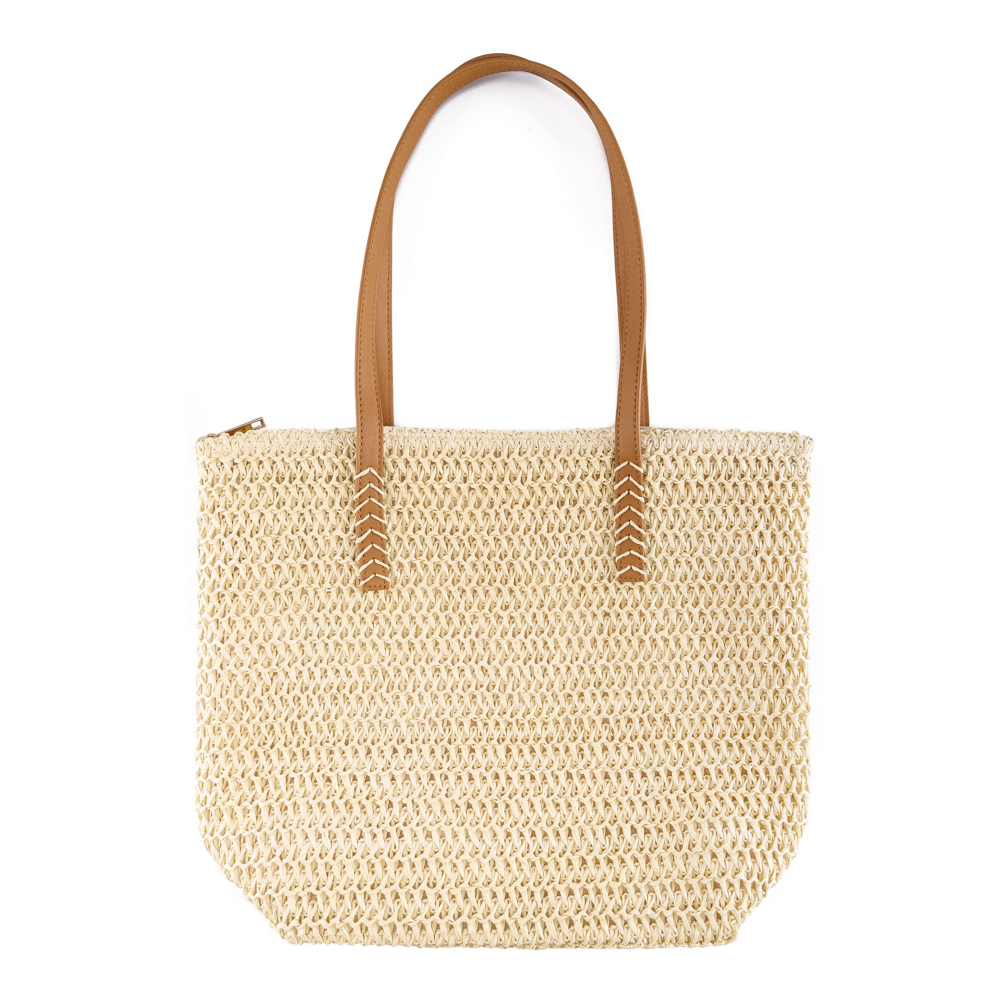 Stylish Woven Straw Tote Bag for Women - Summer Beach Bag with Zip Closure, Perfect for Shopping, Travel & Holiday Use | Fashionable Shoulder Handbag for Market, Picnic & Outdoor Activities