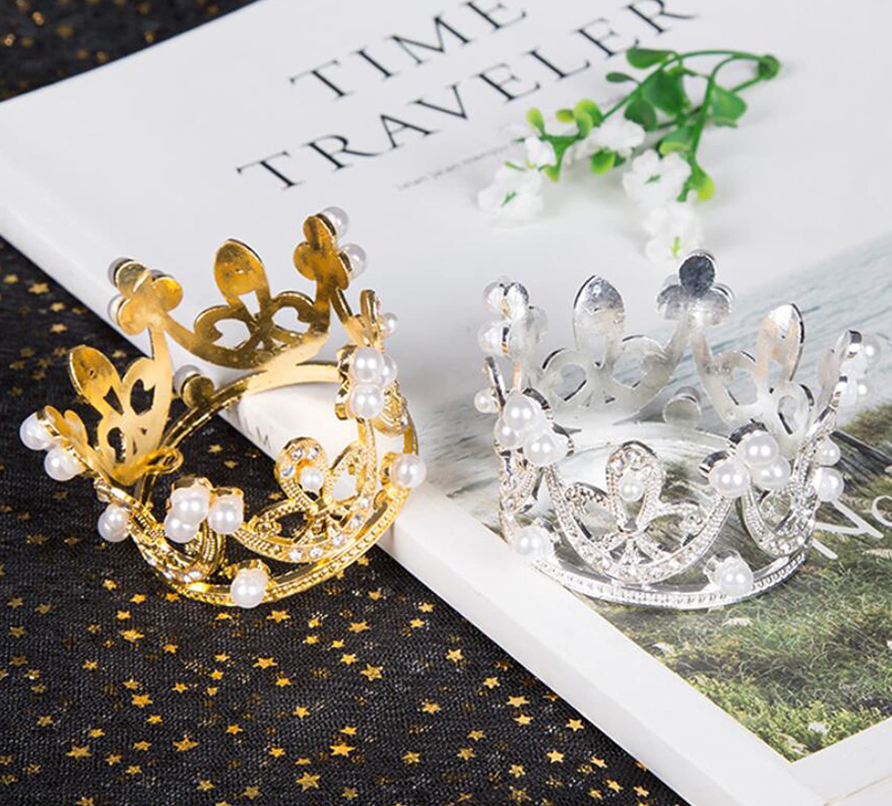 4 Pack Mini Crown Cake Toppers - Gold & Silver Crystal Rhinestone Cupcake Tiara for Baby Shower, Birthday, Wedding, Christmas, Princess Theme Party Decorations - Perfect for Newborn Photo Props and Dessert Table Centerpieces