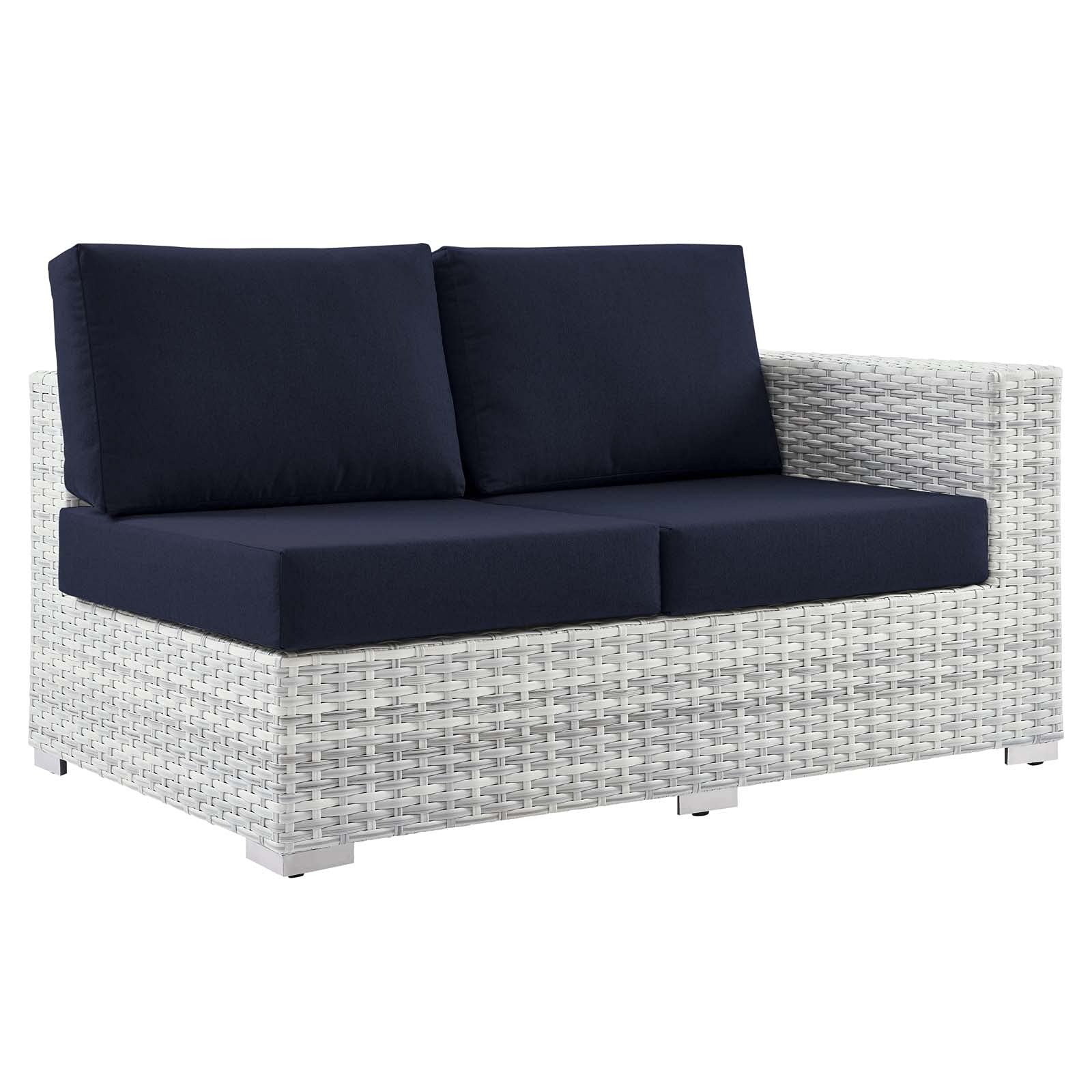 Modern Lounge Loveseat Sofa in Grey, Blue, Navy - Rattan Wicker Design for Outdoor Patio, Balcony, Cafe, Bistro, and Garden Relaxation