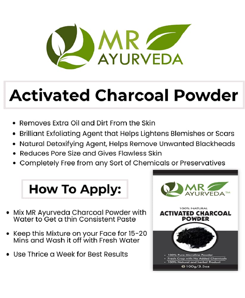 Organic Activated Charcoal Powder for Face & Skin - 100g | MR Ayurveda Detoxifying Charcoal Mask | Teeth Whitening, Deep Pore Cleansing & Blackhead Removal | Natural Skincare & Beauty Routine