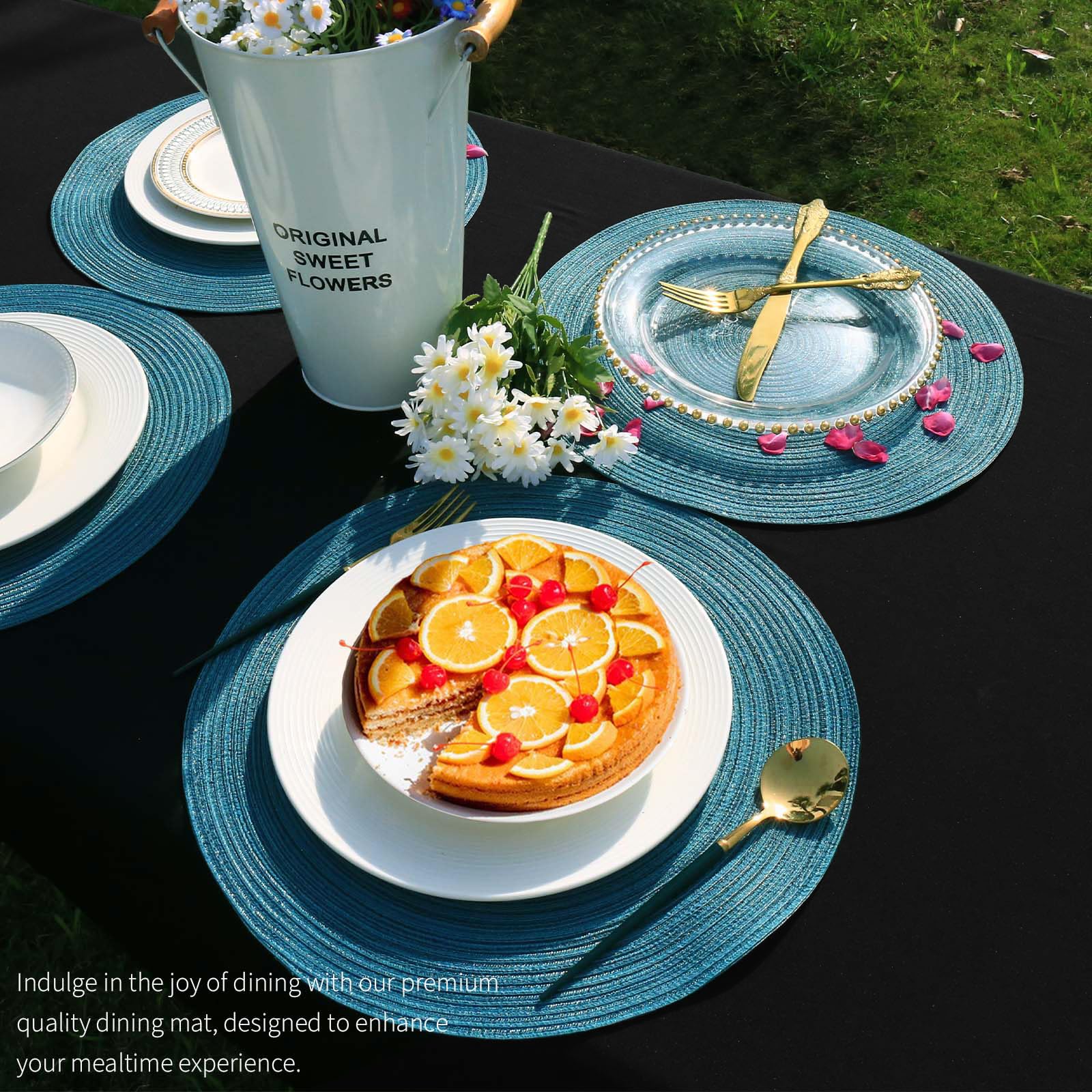 FunWheat Round Braided Placemats Set of 4 - Heat Resistant Woven Table Mats for Dining - 15 Inch Teal Placemats - Perfect for Dinner Parties, Family Gatherings & Holiday Decor
