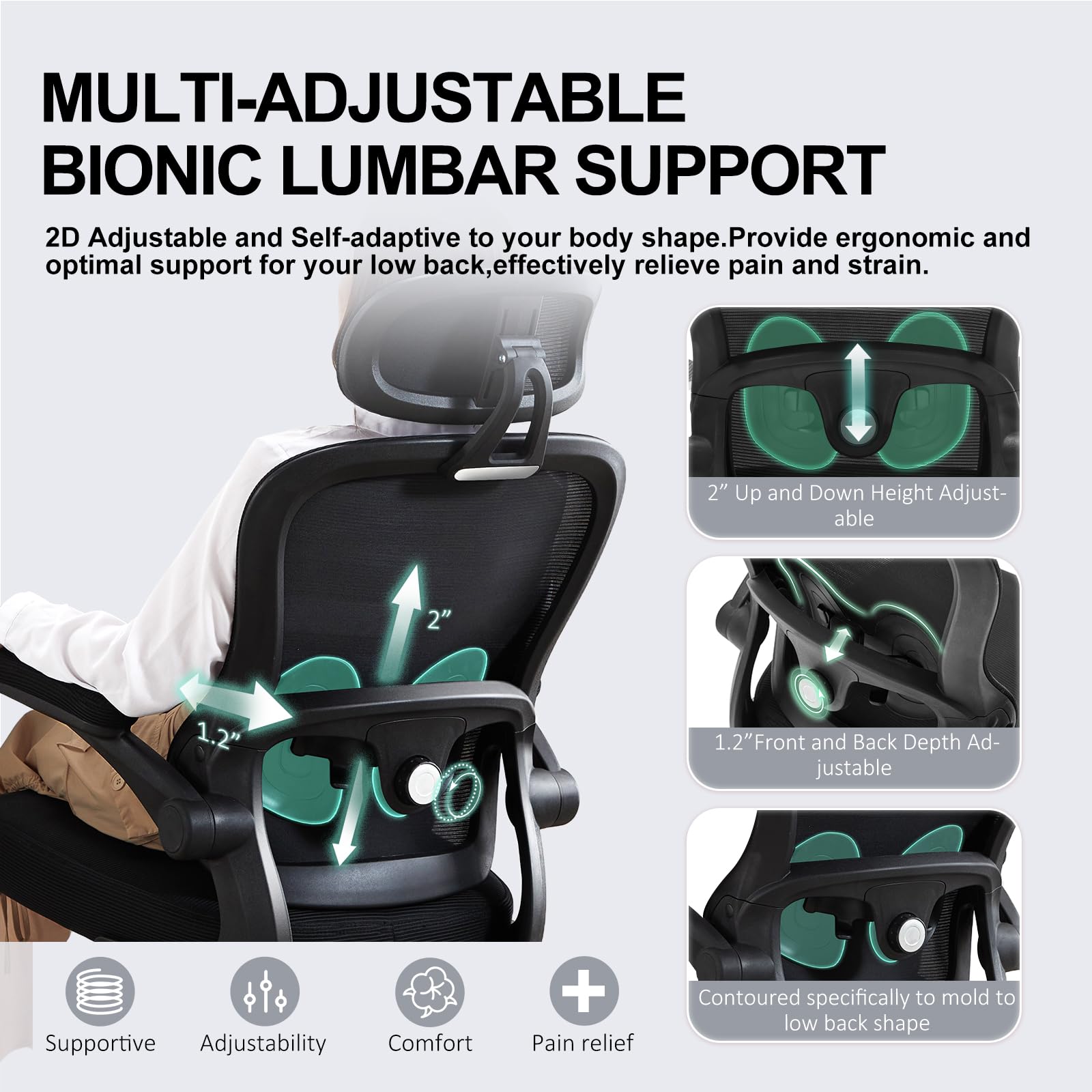 TUKAKA Ergonomic Office Chair with Adjustable Lumbar Support & Headrest - Ultra Thick Cushion, Rocking Function & Flip-Up Arms - Mesh Computer Chair for Home Office (Black) - Perfect for Long Work Hours, Gaming & Remote Work