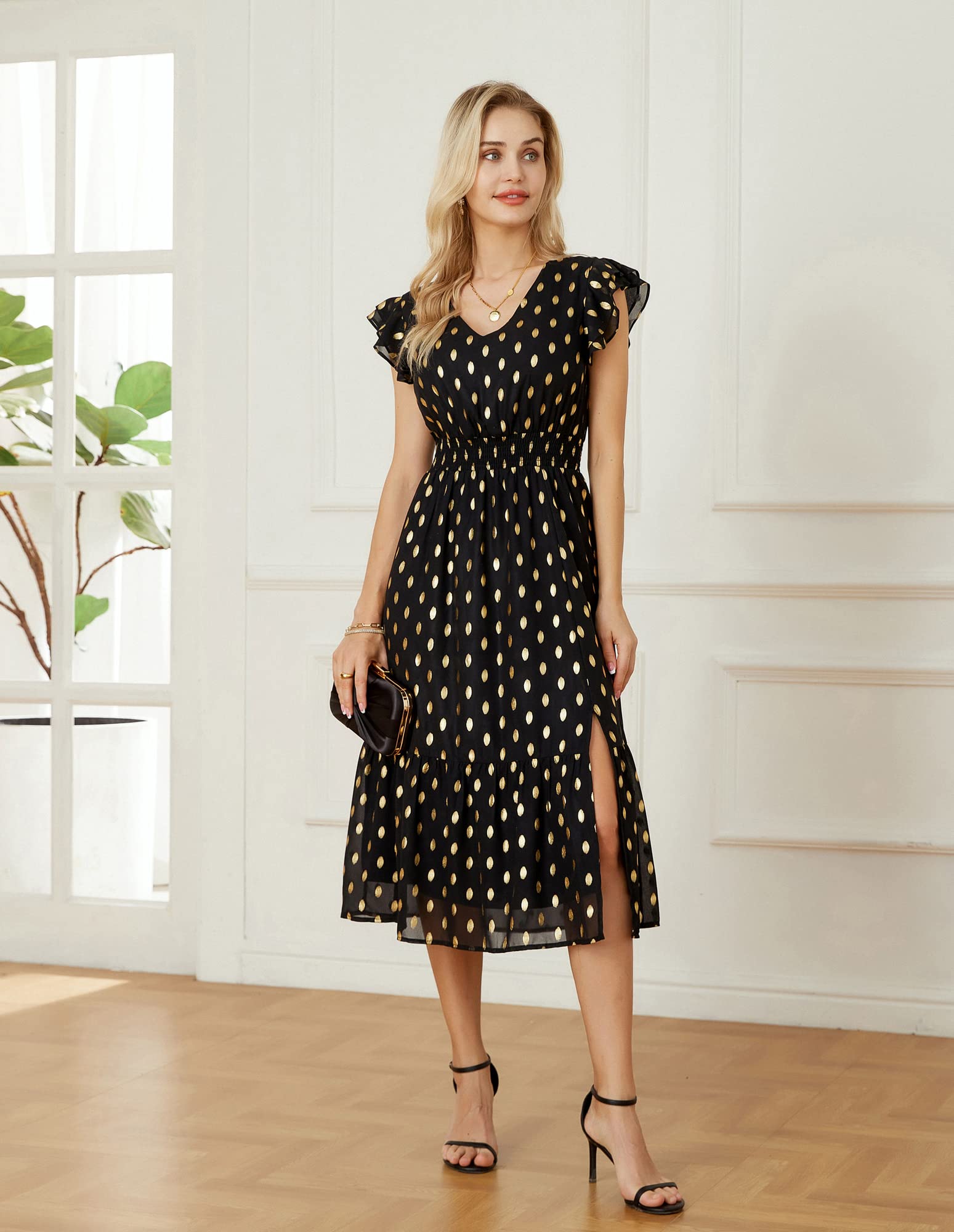 GRACE KARIN Women's V-Neck Ruffle Sleeve Summer Dress 2025 | Split Flowy Tiered Midi Dress for Wedding Guest & Cocktail Party | Beach Vacation, Garden Party & Date Night Outfits