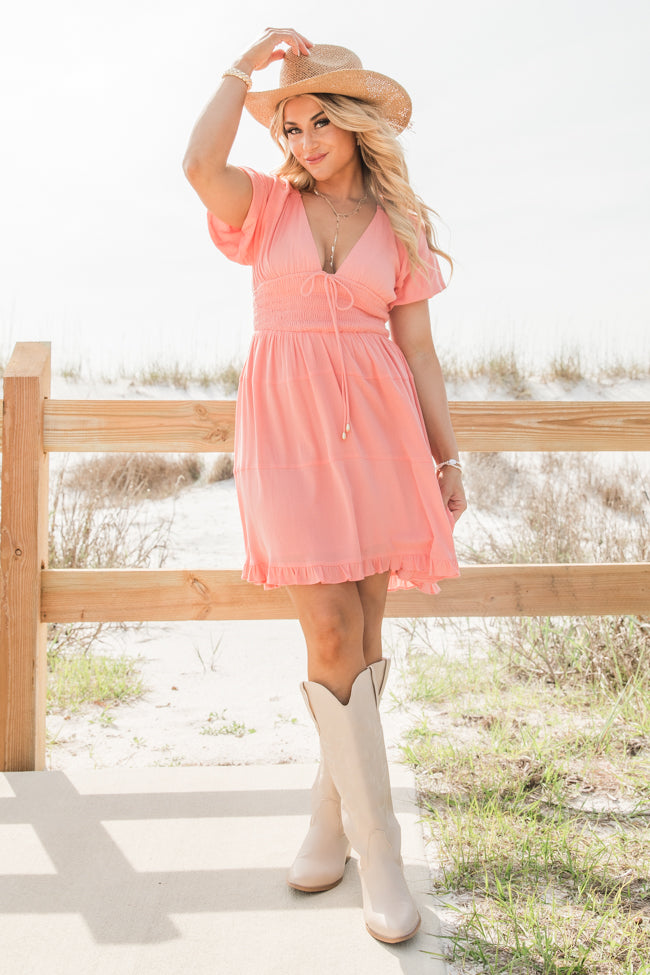 Urban Cowgirl Coral V-Neck Smocked Dress - Women's Floral Summer Maxi Dress for Beach, Vacation & Outdoor Events | FINAL SALE