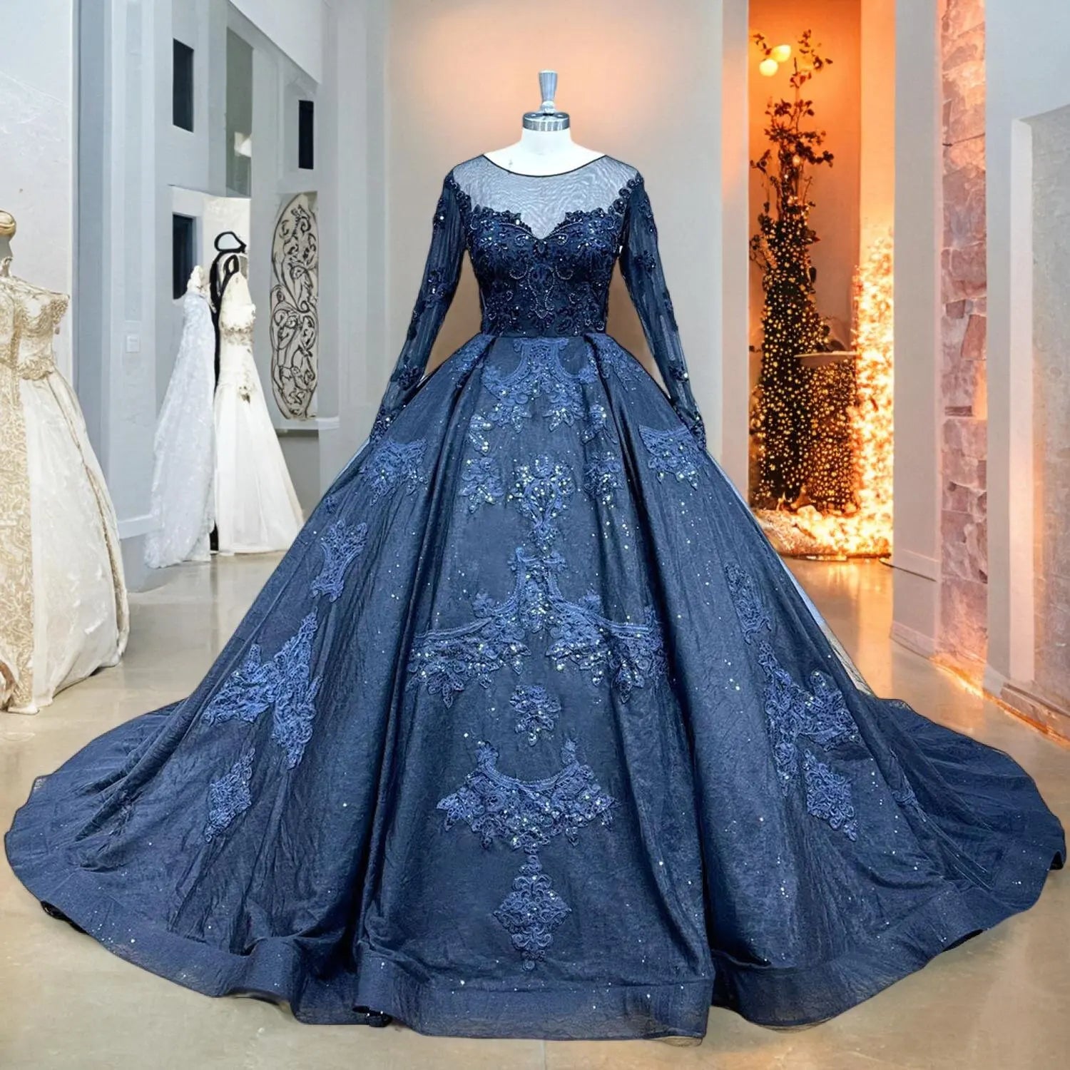 Elegant Black Ball Gown Wedding Dress with Long Sleeves, Pearl Beading & Lace Appliques - Perfect for Evening Galas, Formal Events & Vintage-Themed Weddings