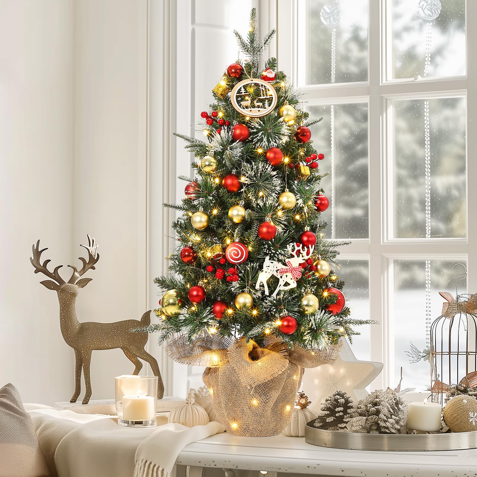 GARVEE 3ft Pre-Lit Fiber Optic Christmas Tree with Burlap Base - Small Artificial Tabletop Holiday Tree with 8 Lighting Modes & Pine Cone Decor (2 Pack) - Perfect for Home, Office, and Christmas Party Decorations