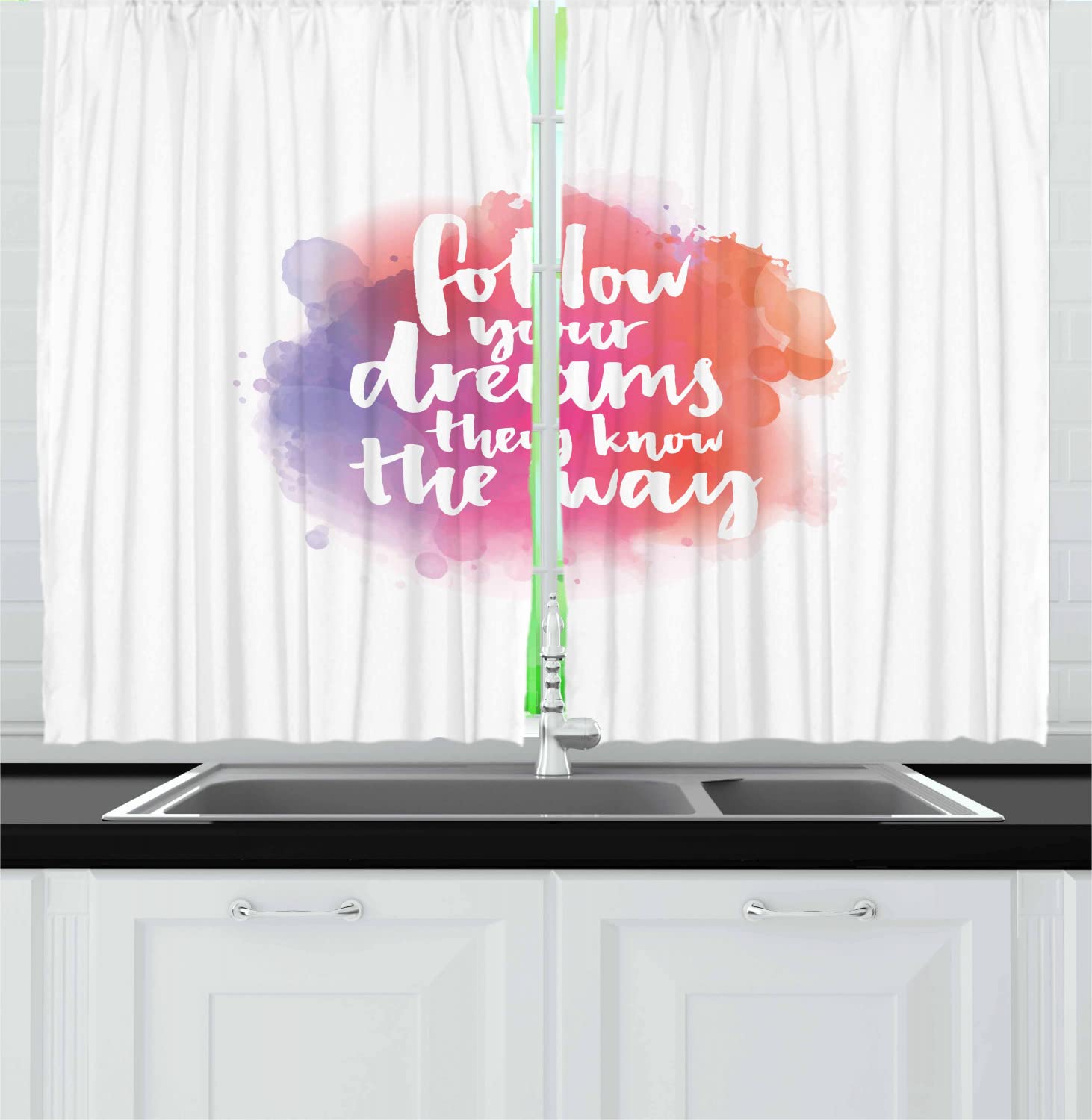 Ambesonne Inspirational Long Kitchen Curtains - Modern Watercolor Splash Design with Uplifting Quotes, 55