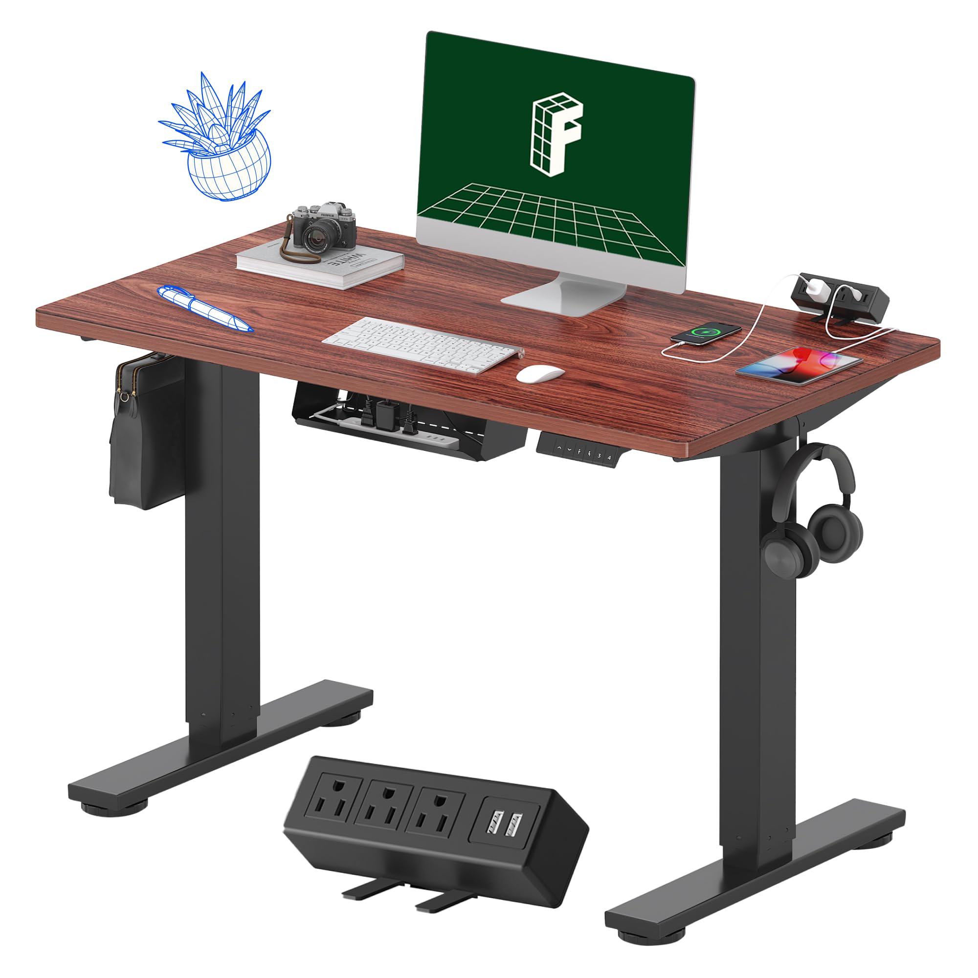 FLEXISPOT EN2 Electric Standing Desk 40 x 24 Inches - Height Adjustable Whole-Piece Desk with Clamp Power Strip & Cable Management (Black Frame + Mahogany Top) - Perfect for Home Office, Gaming Setup & Workspace Ergonomics
