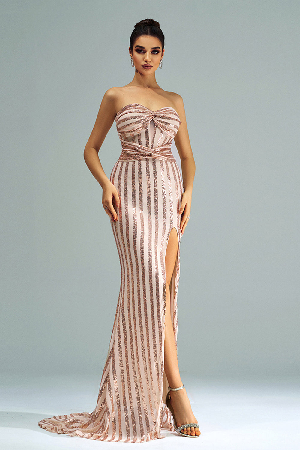 Elegant Apricot Mermaid Strapless Sequined Split Maxi Dress for Women - Perfect for Prom, Evening Gala & Beach Wedding
