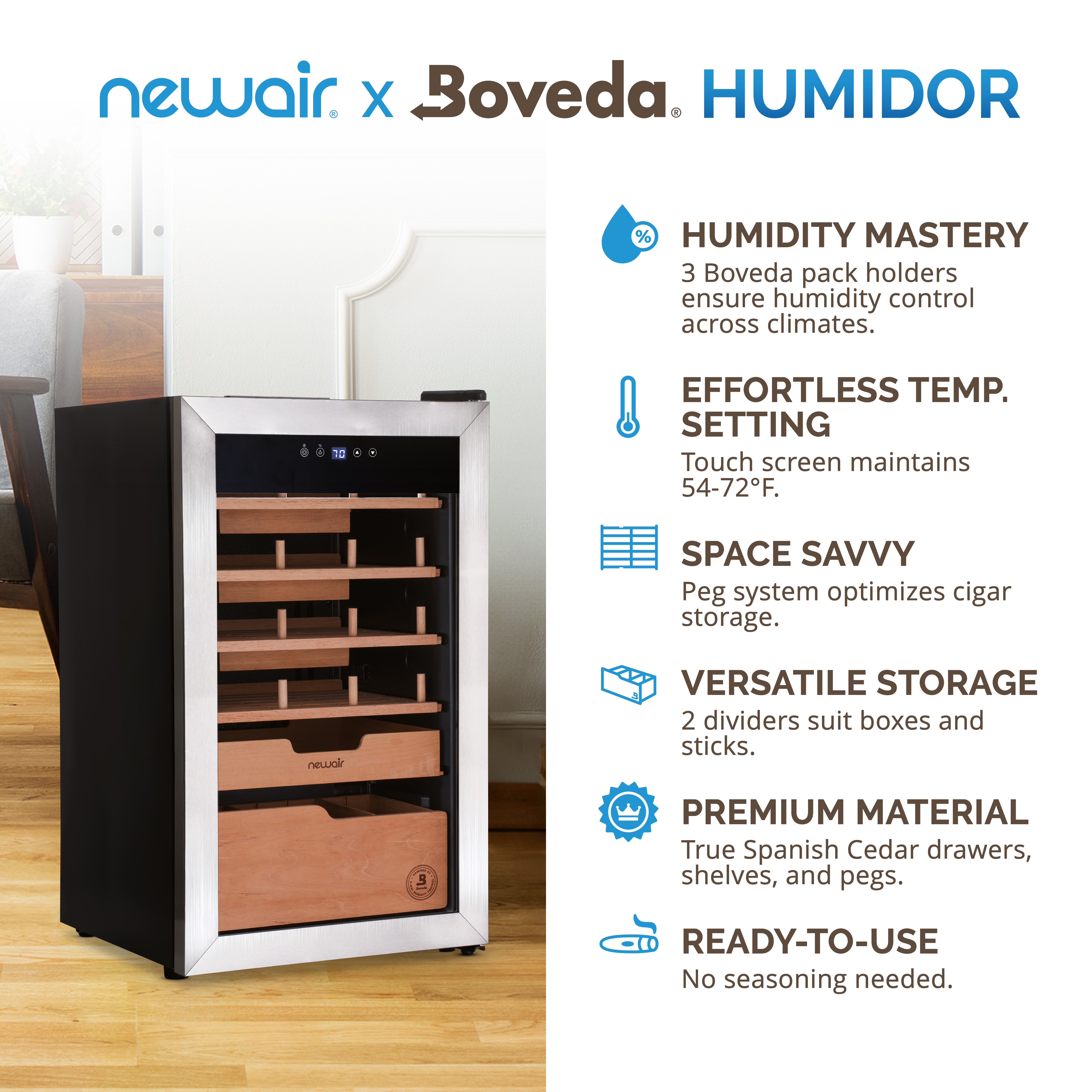 Newair® x Boveda 500-Count Electric Cigar Humidor with Digital Hygrometer - Perfect for Home, Office & Cigar Lounge Storage