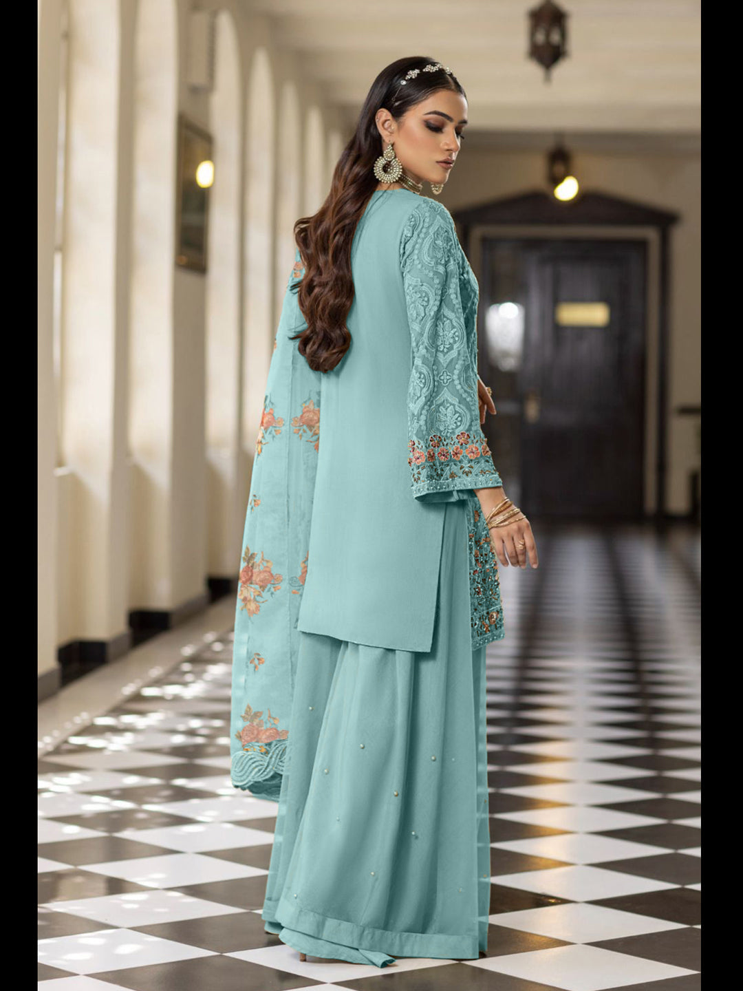 Elegant Aqua Blue Designer Heavy Semi Stitched Pant Suit with Exquisite Embroidery | Formal Wear for Weddings, Parties & Special Occasions
